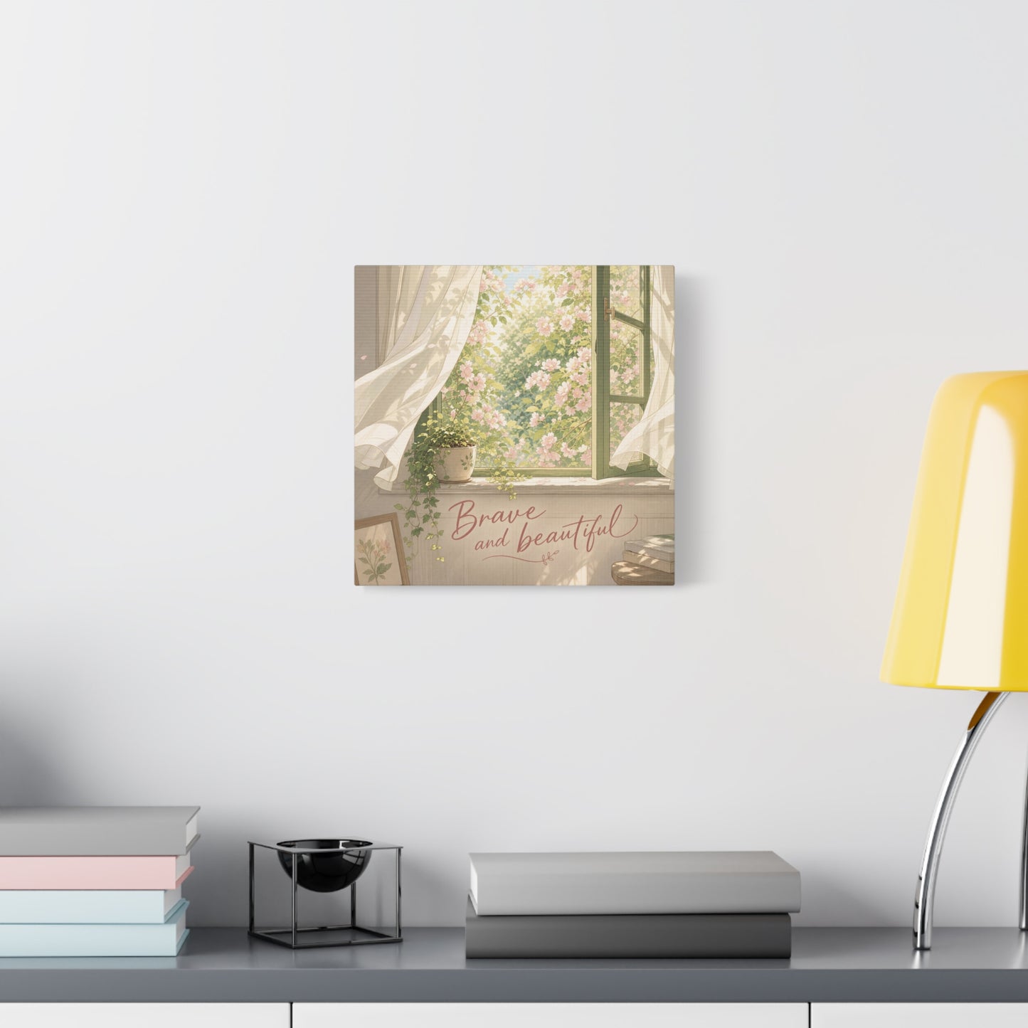 "Brave And Beautiful" Inspirational Canvas Wall Art - Open Window Pink Blossoms, Sheer Curtains, Botanical Quote Print - Soft Vintage Style - Bedroom Wall Decor, Living Room Accent - Ready to Hang