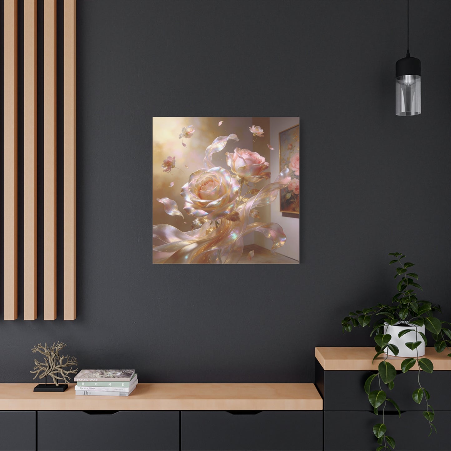 Iridescent Pink Rose Canvas Wall Art - Pearlescent Floral Wall Decor, Dreamy Botanical Home Decoration - Luminous Matte Canvas Print - Romantic Contemporary Style, Bedroom Accent - Ready to Hang