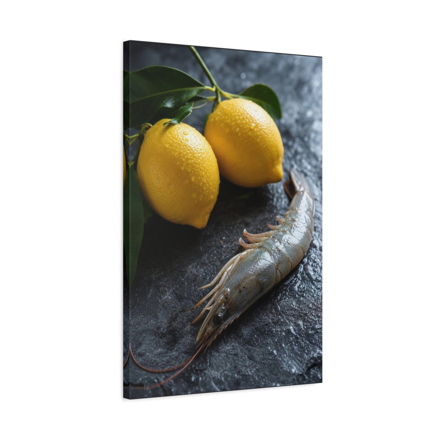 Lemon And Shrimp Canvas Wall Art - Still Life Food Art Print, Moody Kitchen Decor - Matte Cotton Art Print - Contemporary Dining Room Accent, Coastal Restaurant Wall Decor - Bedroom Home Decoration