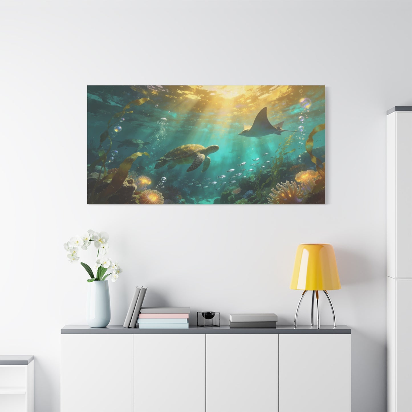 Sea Turtle And Stingray Canvas Wall Art - Sunlit Underwater Ocean Scene, Coral Reef Marine Life, Matte Cotton Print - Coastal Style, Living Room Wall Decor, Bedroom Home Decoration - Ready to Hang