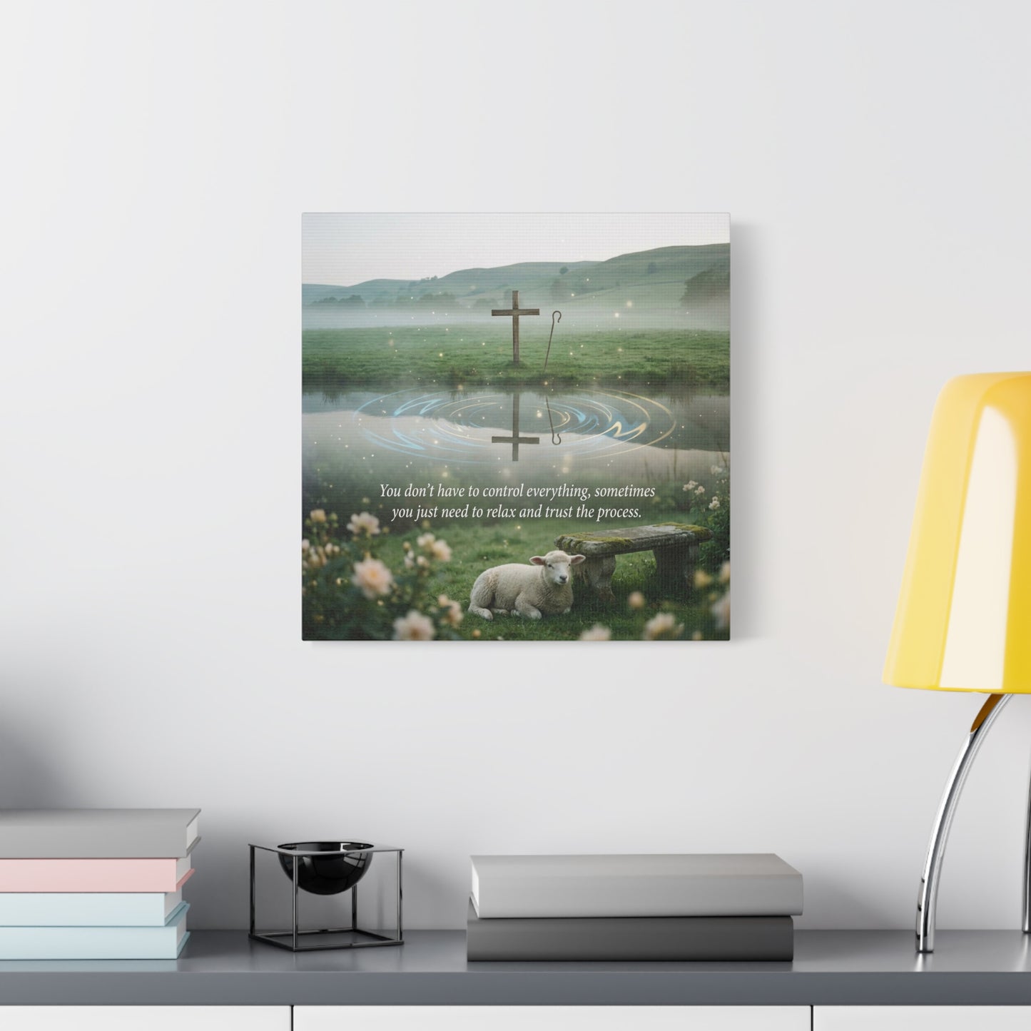 "You Don’t Have To Control Everything, Sometimes You Just Need To Relax And Trust The Process" Canvas Wall Art - Christian Cross, Lamb Meadow Scene - Inspirational Farmhouse Decor - Office Wall Art