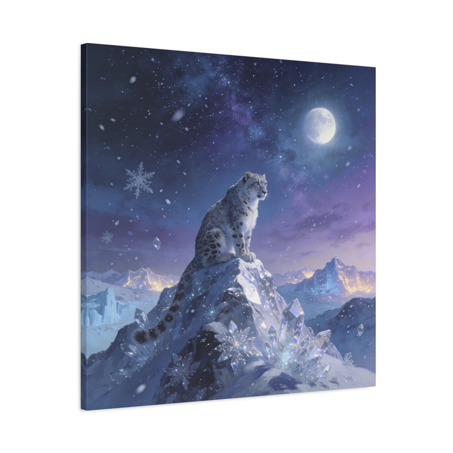 Snow Leopard Canvas Wall Art - Moonlit Arctic Crystal Landscape, Fantasy Wildlife Print - Matte Cotton Canvas - Contemporary Winter Style - Living Room Wall Decor Bedroom Home Decoration
