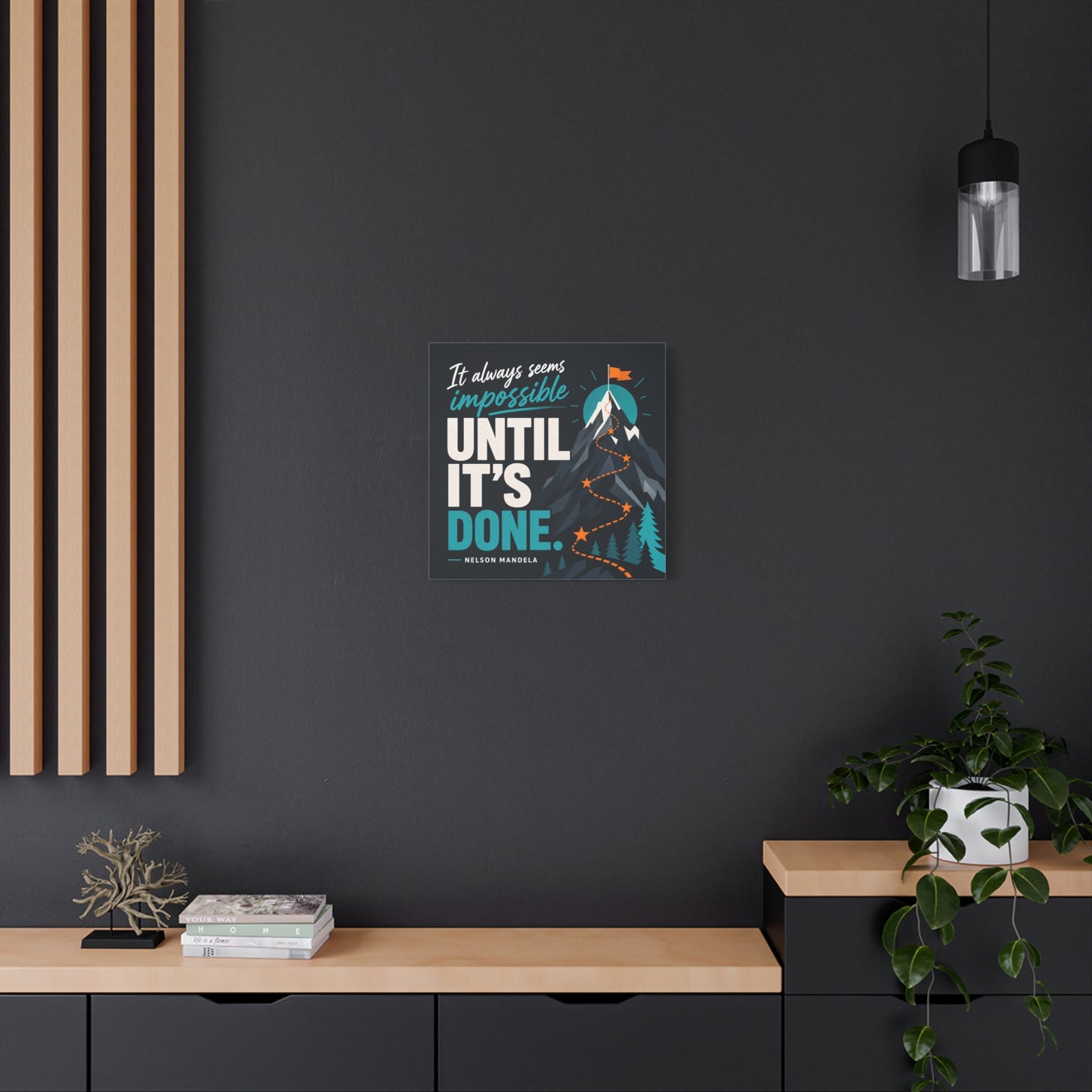 "It Always Seems Impossible Until It's Done" Motivational Canvas Wall Art - Mountain Quote Print, Teal And Orange Typography Decor - Modern Inspirational Living Room Office Wall Decor - Ready to Hang