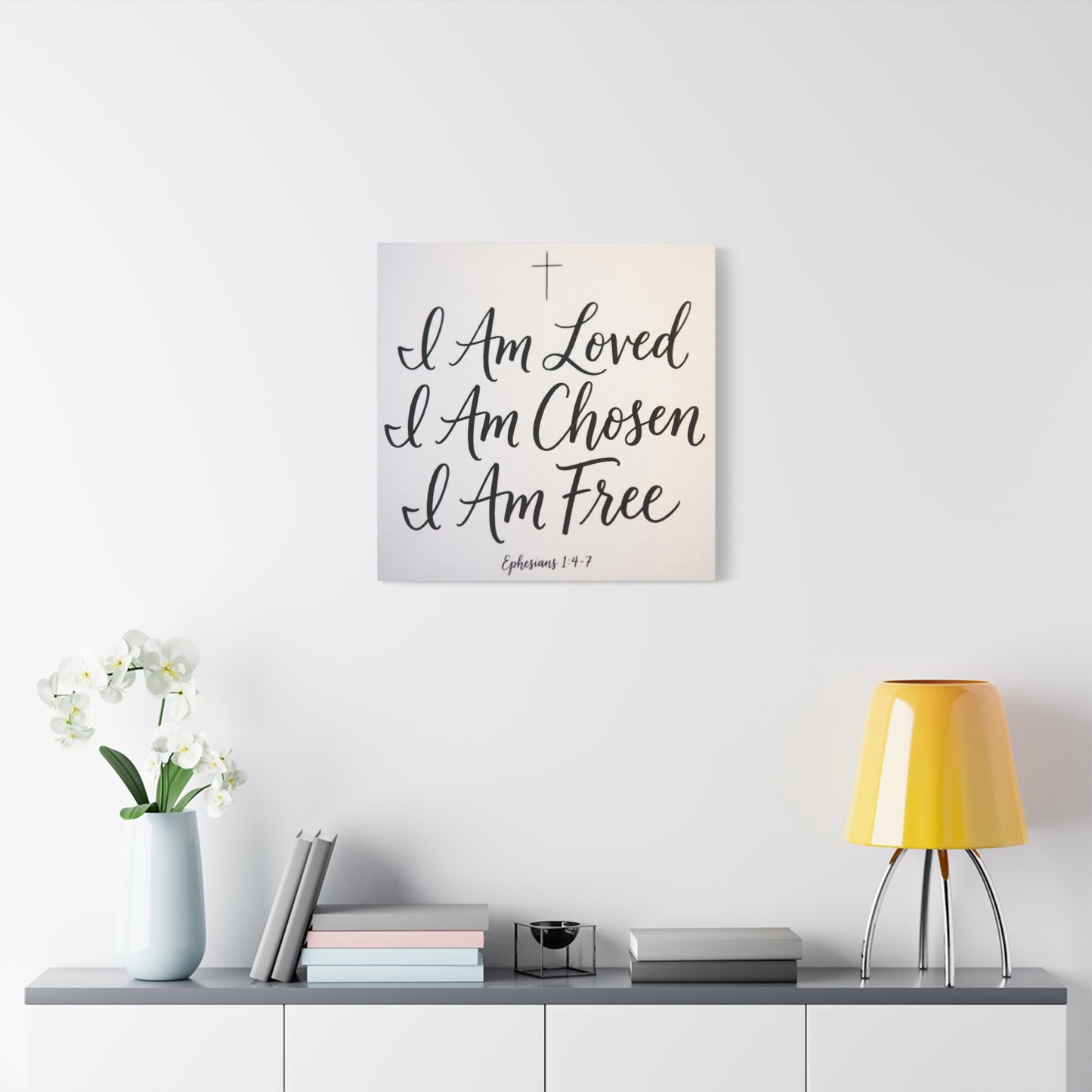 "I Am Loved, Chosen, Free" Christian Canvas Wall Art - Ephesians 1:4-7 Scripture Cross Print - Neutral Typography Decor - Bedroom Home Decoration, Living Room Wall Decor - Ready to Hang