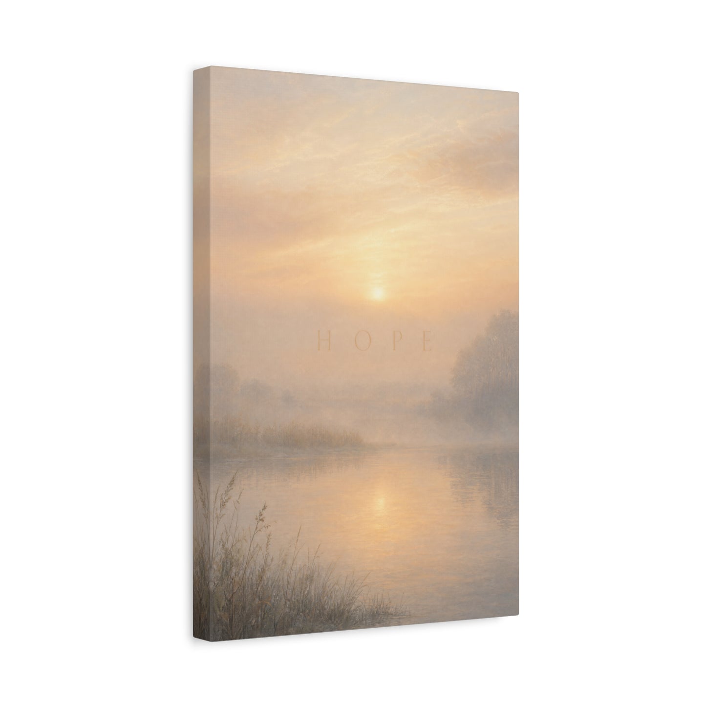 "Hope" Misty Sunrise Lake Canvas Wall Art - Serene Landscape Print, Inspirational Bedroom Wall Decor, Soft Neutral Home Decoration, Contemporary Meditation Space Accent - Bedroom Home Decoration
