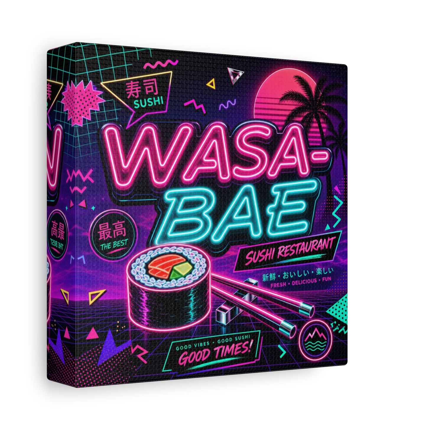 "WASA-BAE" Sushi Canvas Print - Neon Japanese Restaurant Sign, Retro Vaporwave Illustration - Matte Cotton Decor, Cafe Wall Accent, Dining Space Artwork, Lounge Interior Style - Office Wall Art