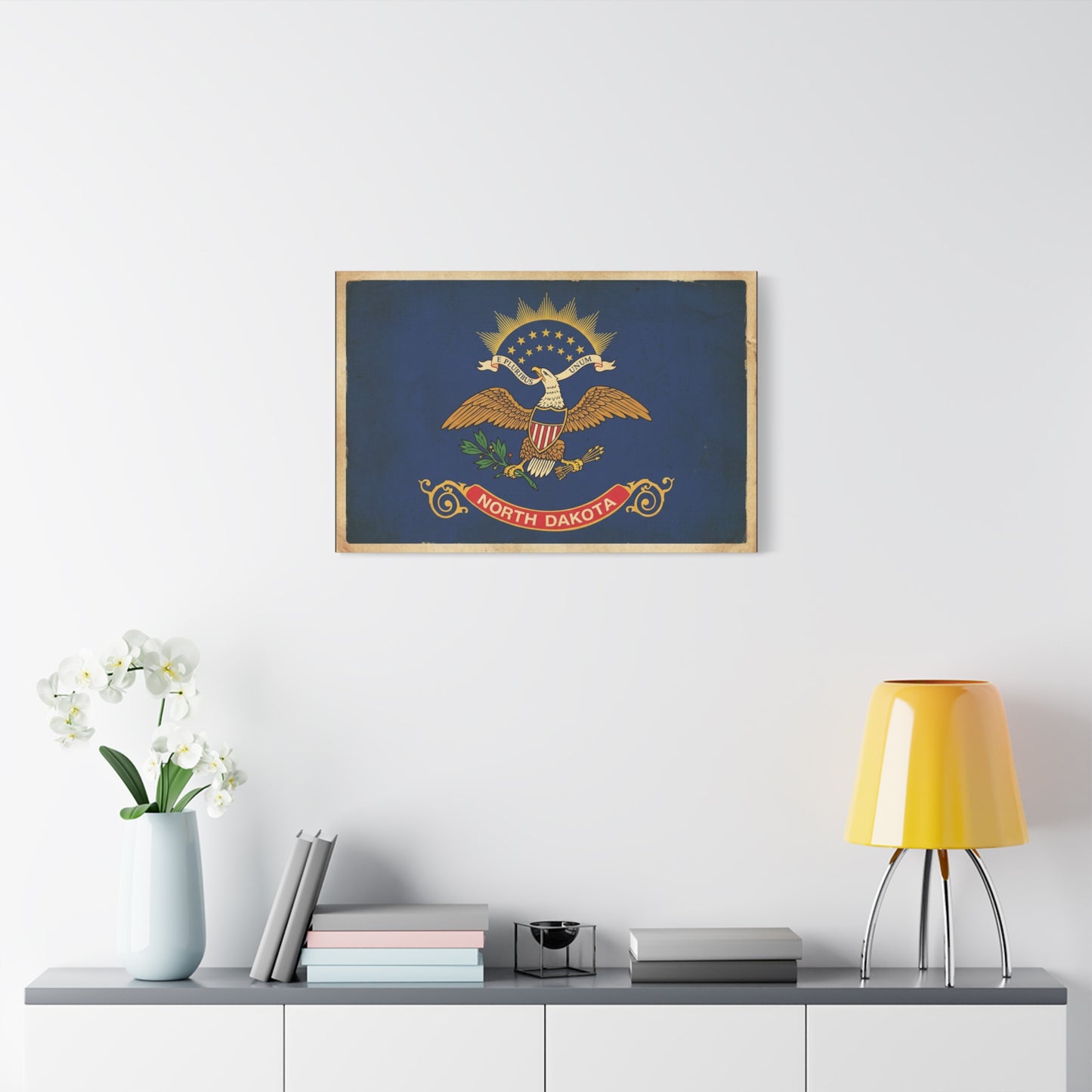 North Dakota Flag Canvas Wall Art - E Pluribus Unum Vintage State Banner Print - Patriotic Blue Eagle Emblem Decor - Rustic Americana Style - Ready to Hang - Living Room Wall Decor - Ready to Hang