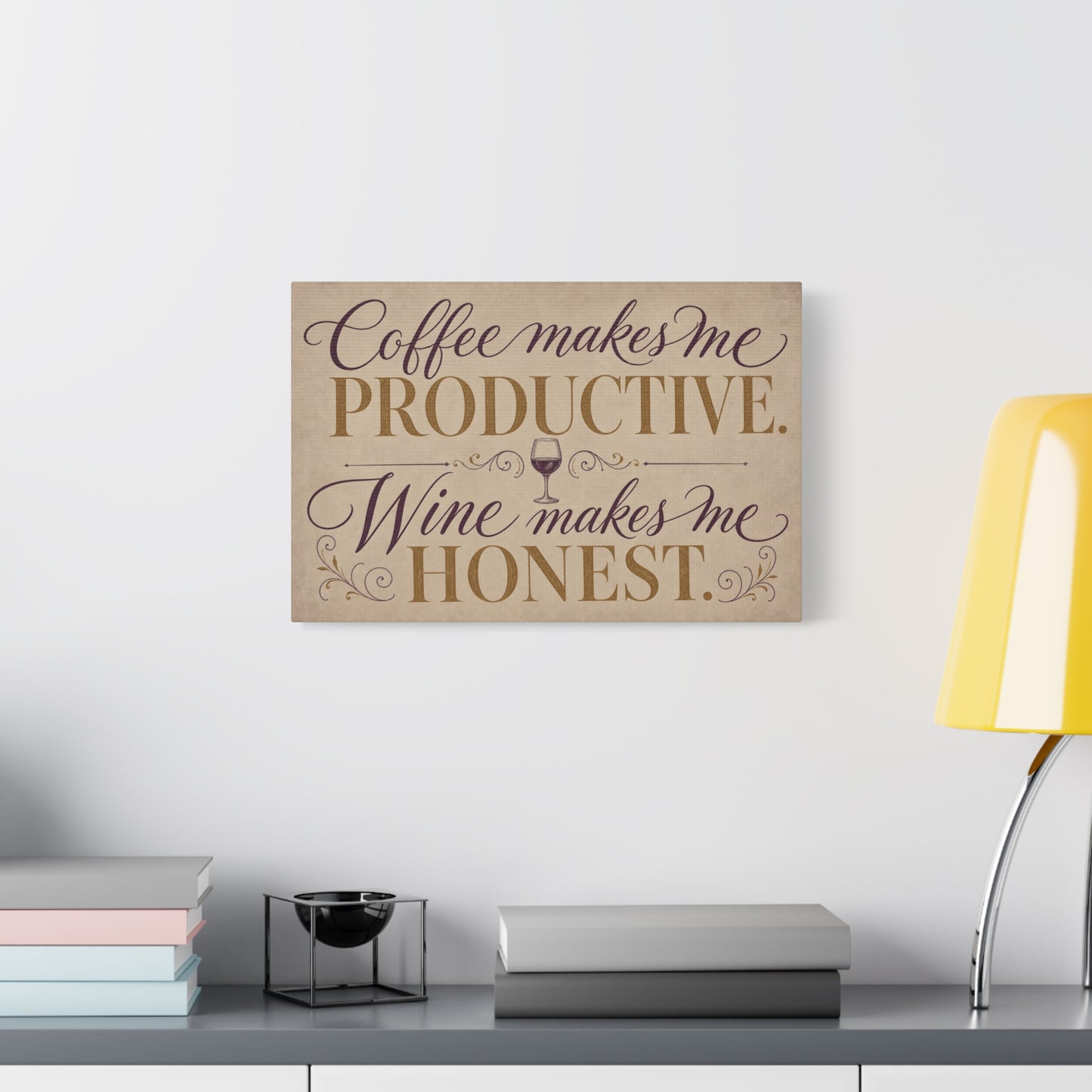 "Coffee Makes Me Productive. Wine Makes Me Honest." Canvas Wall Art - Vintage Typography Decor - Rustic Neutral Quote Print - Bar Cart Accent - Office Wall Art - Coffee Shop Decor - Espresso Bar Sign