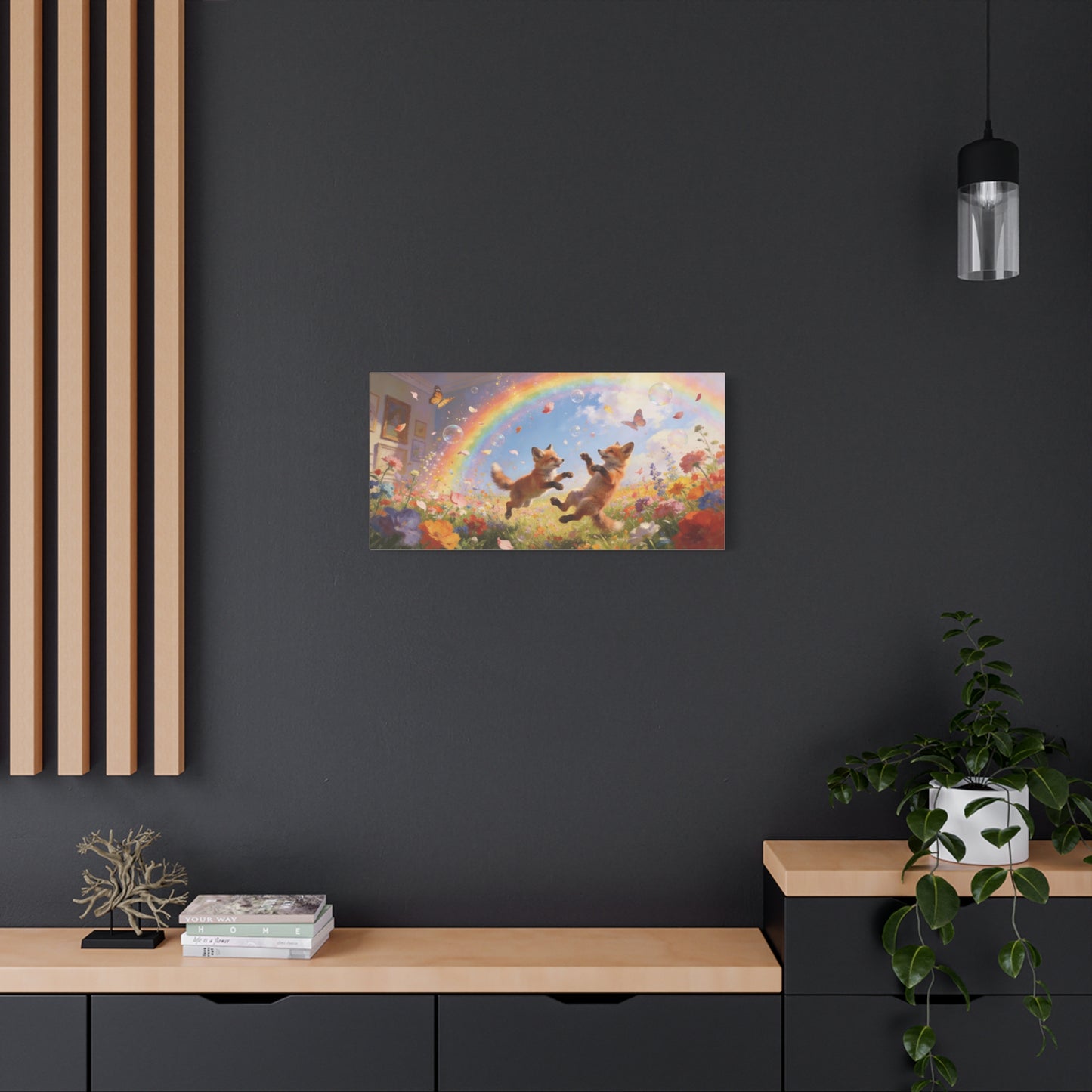 Fox Cub Canvas Wall Art - Whimsical Rainbow Meadow Painting, Butterflies And Wildflowers - Matte Canvas Print - Bohemian Nursery Wall Hanging, Bedroom Home Decoration Accent - Bedroom Home Decoration