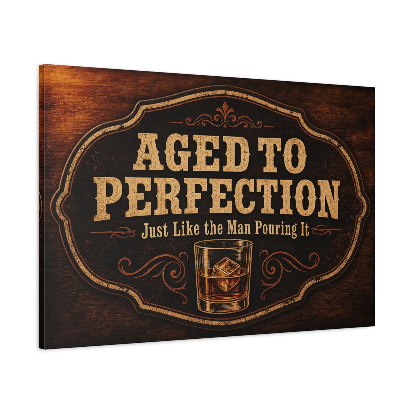 "Aged To Perfection Just Like The Man Pouring It" Whiskey Canvas Wall Art - Vintage Bar Quote Decor, Old Fashioned Glass Illustration - Office Wall Art - Ready to Hang - Cocktail Lounge Decor