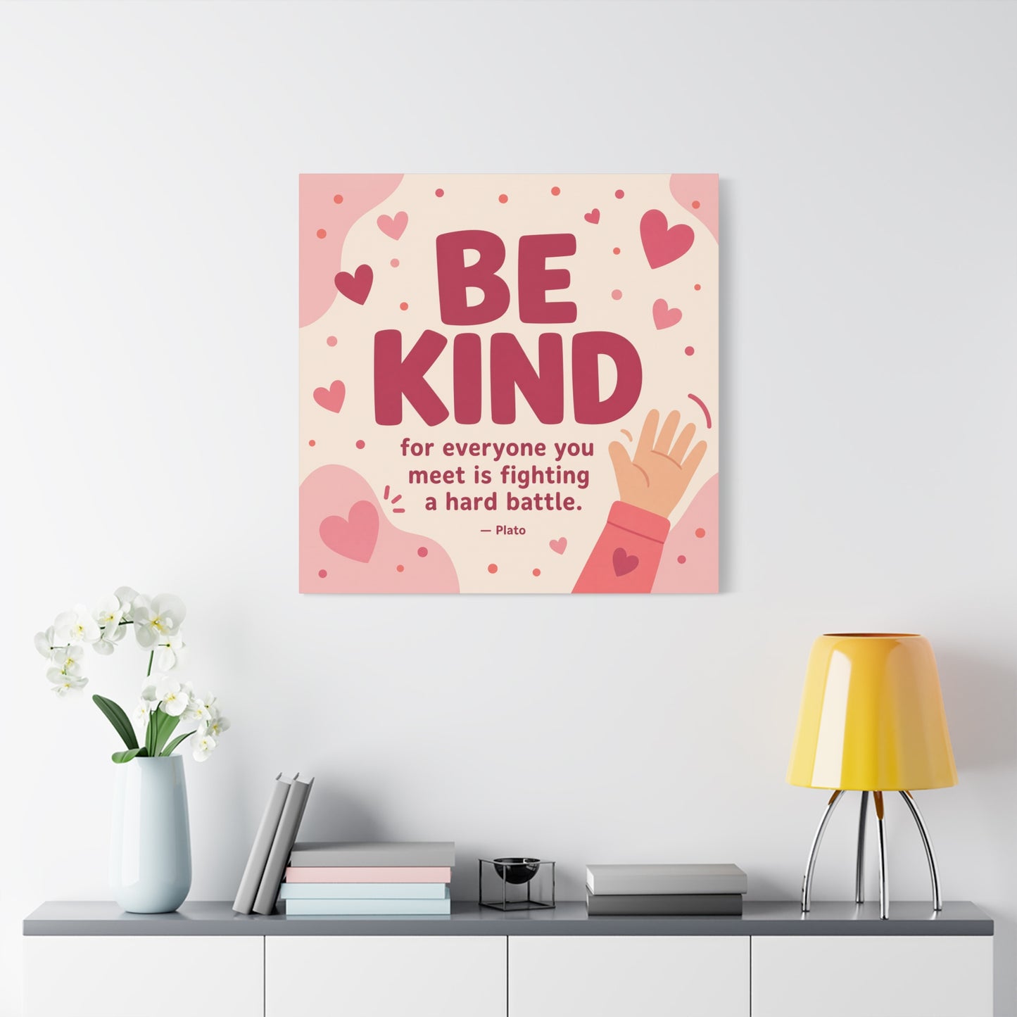 "Be Kind For Everyone You Meet Is Fighting A Hard Battle. - Plato" Canvas Wall Art - Pink Heart Typography Print - Inspirational Bedroom Decor - Modern Nursery Wall Hanging - Bedroom Home Decoration