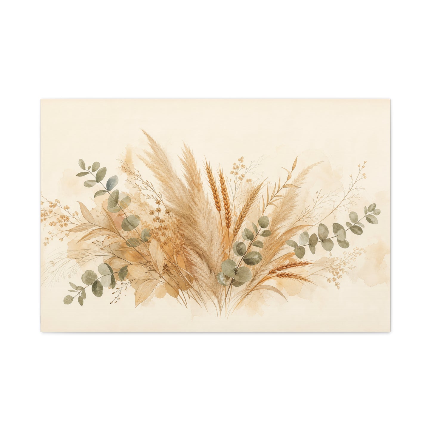 Neutral Botanical Canvas Wall Art - Pampas Grass, Wheat Stems, Eucalyptus Print - Soft Beige Sage Floral Composition - Modern Farmhouse Style - Living Room Wall Decor, Bedroom Home Decoration