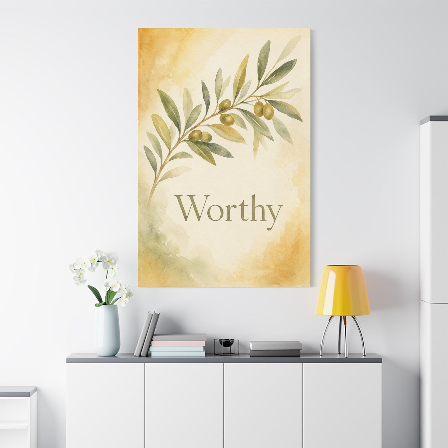 "Worthy" Olive Branch Canvas Wall Art - Botanical Inspirational Wall Decor - Watercolor Sage Gold Canvas Print - Bedroom Living Room Decoration - Ready to Hang - Bedroom Home Decoration