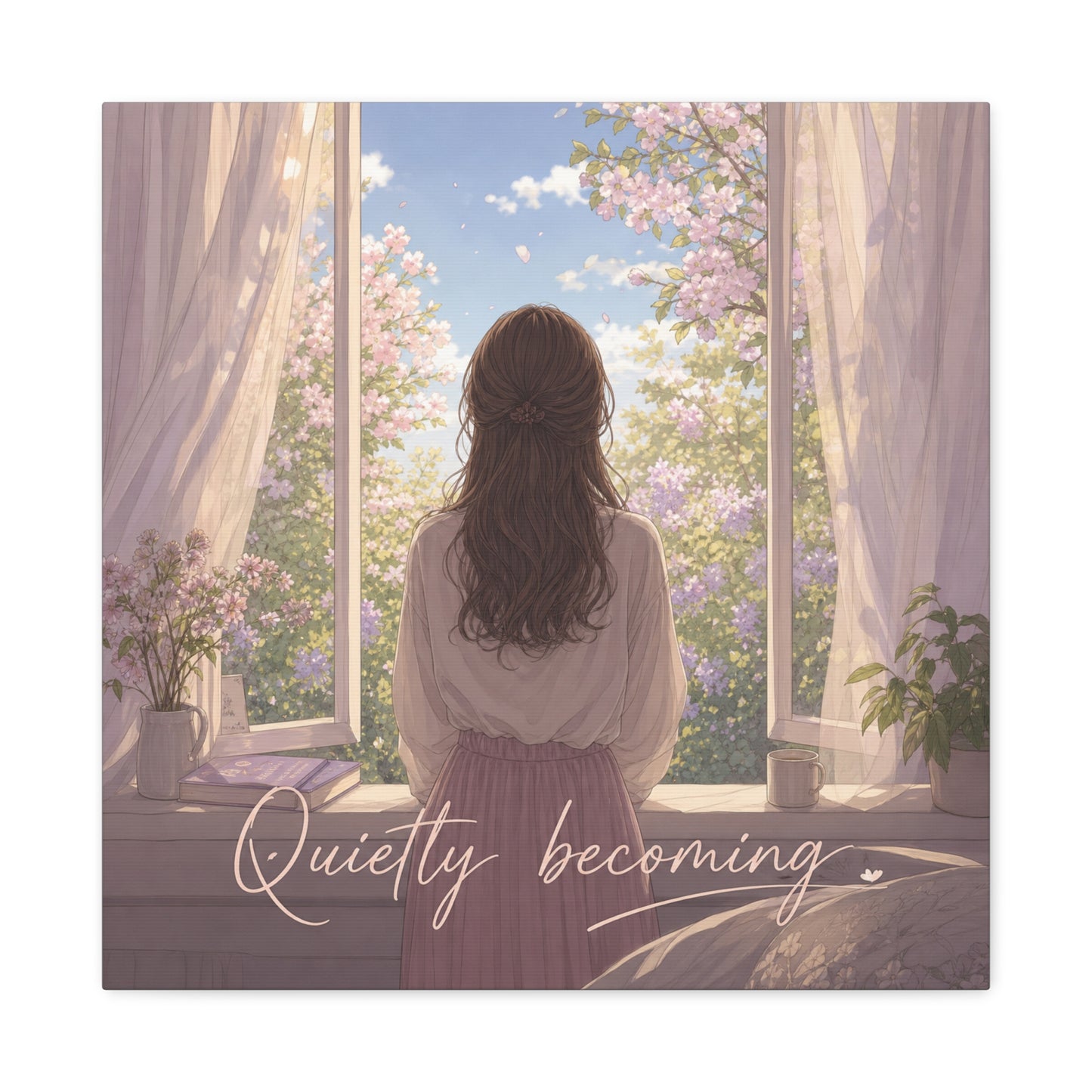 "Quietly Becoming" Girl At Window Canvas Wall Art - Cherry Blossom Bedroom Decor, Soft Pastel Inspirational Print, Dreamy Feminine Room Decoration - Bedroom Home Decoration - Living Room Wall Decor
