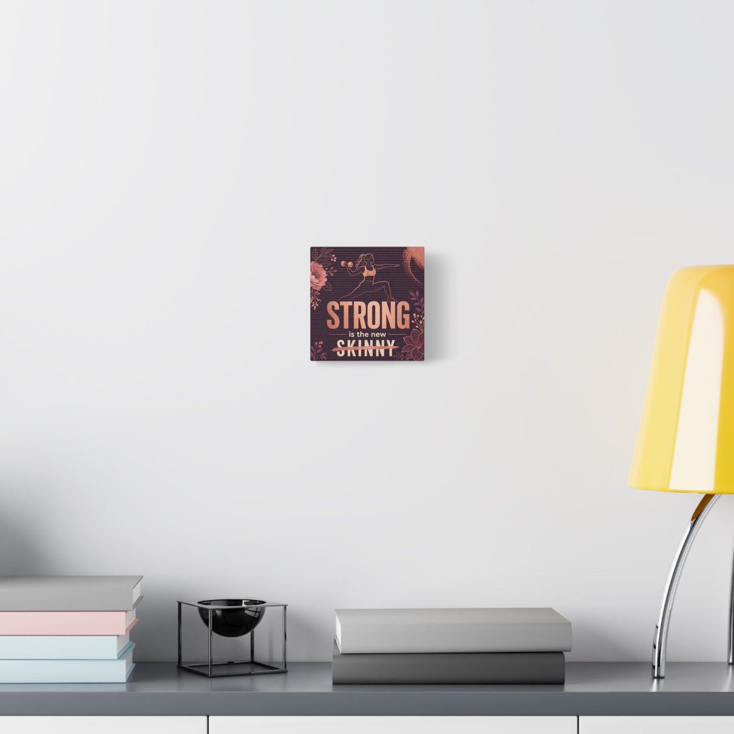 "Strong Is The New Skinny" Fitness Canvas Wall Art - Woman With Dumbbell Floral Quote Print - Rose Gold Motivational Decor - Modern Bedroom Wall Decor - Bedroom Home Decoration - Cozy Reading Nook Art