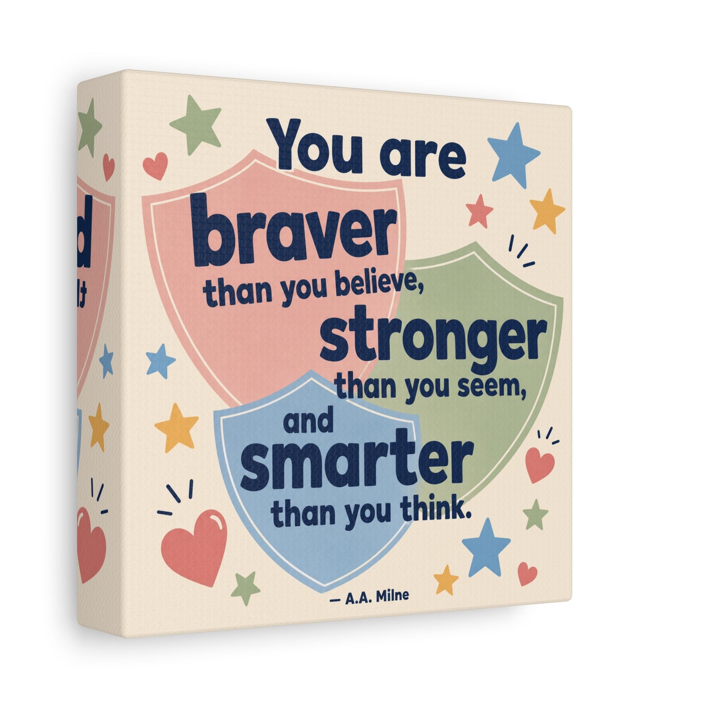 "You Are Braver, Stronger, Smarter" Quote Canvas Wall Art - Kids Inspirational Typography Print, Pastel Shield Stars Hearts Design - Nursery Bedroom Classroom Decor - Office Wall Art - Ready to Hang