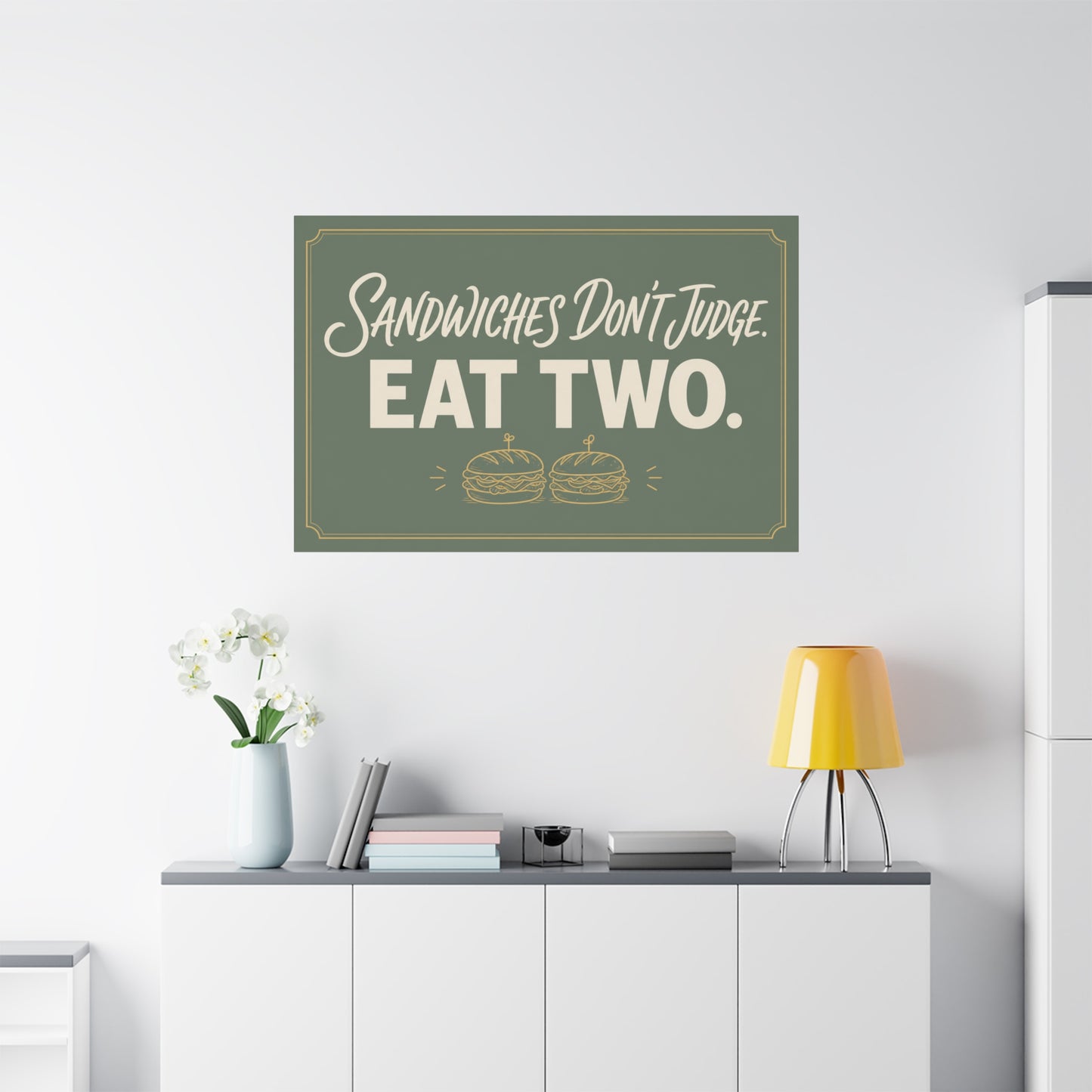 "Sandwiches Don't Judge. Eat Two." Funny Canvas Wall Art - Retro Typography Food Quote Print, Sage Green - Modern Farmhouse Style - Deli Wall Decor - Sandwich Shop Sign - Diner Decor - Ready to Hang