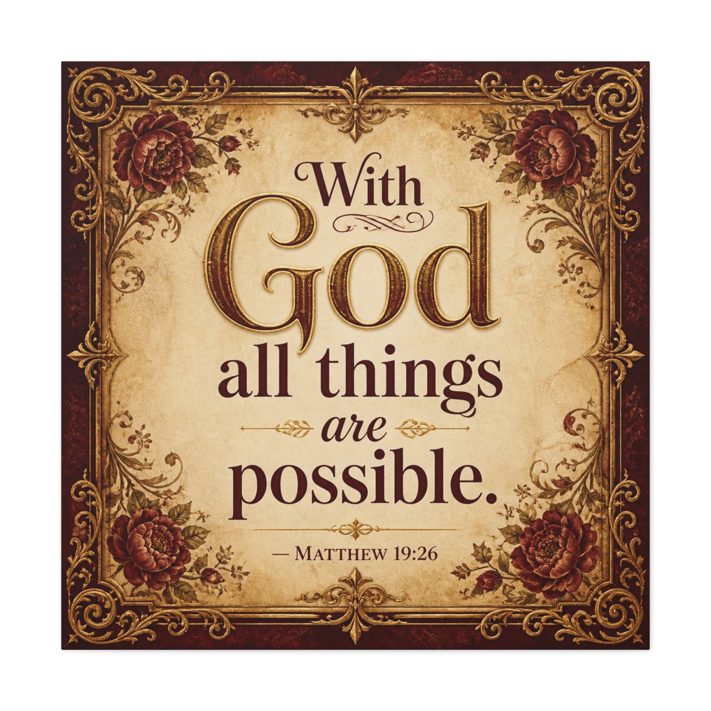 "With God All Things Are Possible. - Matthew 19:26" Christian Canvas Wall Art - Vintage Floral Scripture Print, Traditional Inspirational Decor, Living Room Bedroom Wall Hanging - Ready to Hang