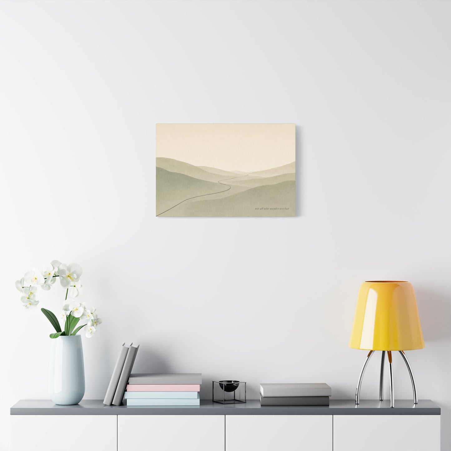 "Not All Who Wander Are Lost" Minimalist Landscape Canvas Wall Art - Misty Hills, Winding Path, Neutral Sage Beige Tones - Modern Wall Decor For Bedroom, Living Room, Home Office - Ready to Hang