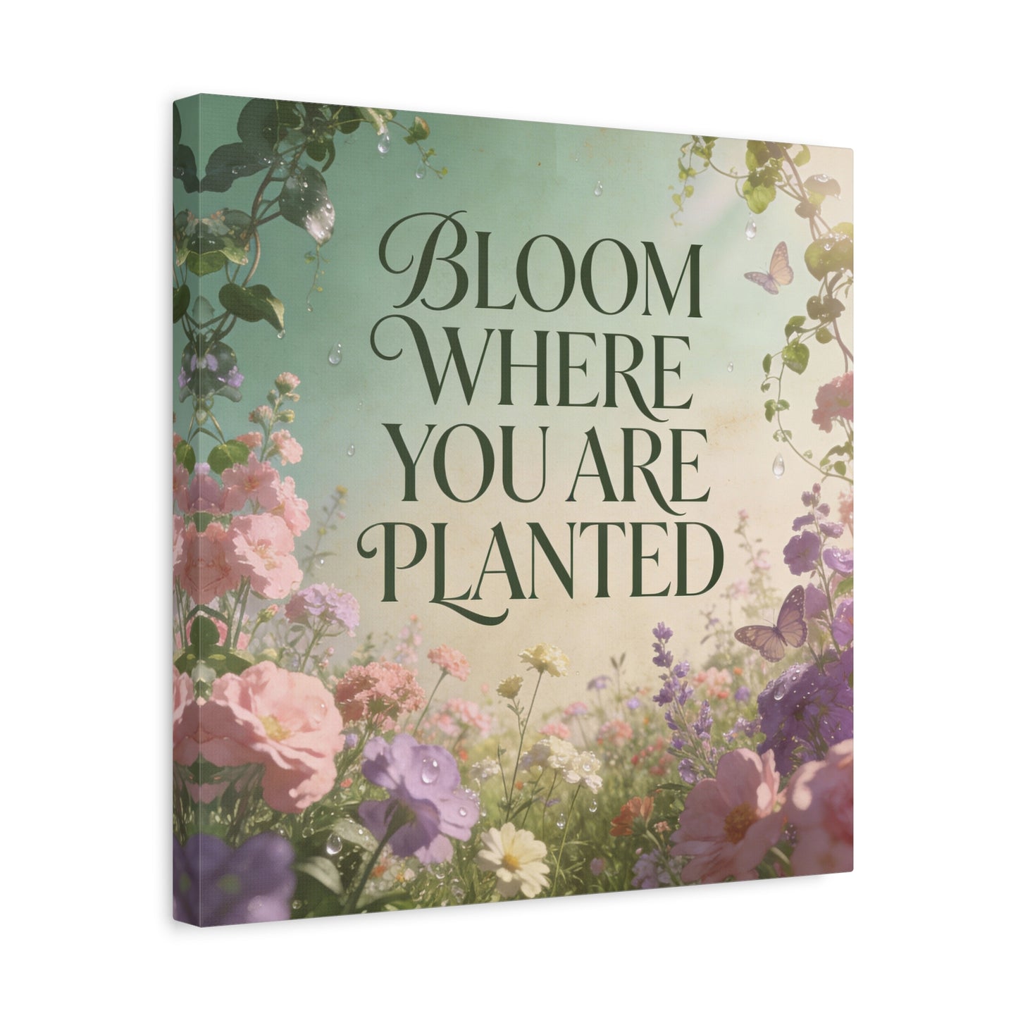"Bloom Where You Are Planted" Inspirational Canvas Wall Art - Floral Butterfly Quote Print, Pastel Garden Typography Decor, Modern Farmhouse Style, Bedroom Home Decoration - Living Room Wall Decor