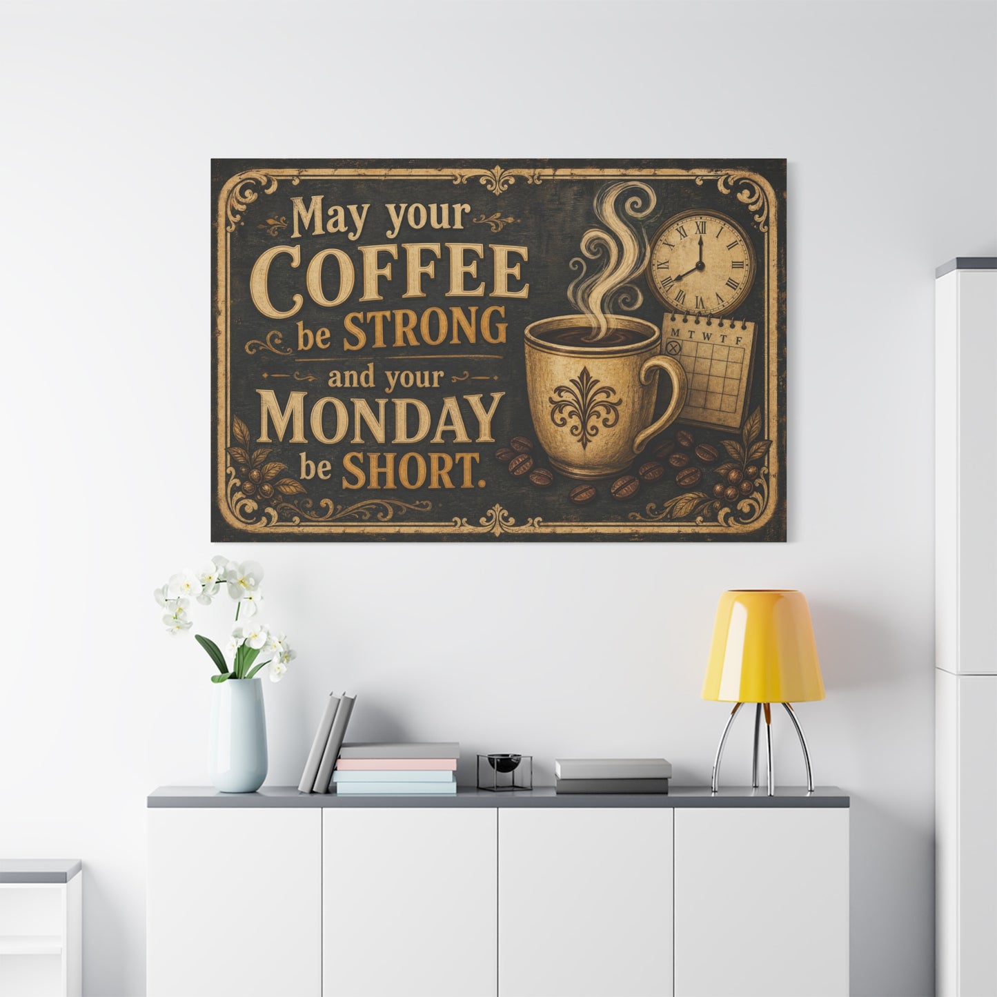 "May Your Coffee Be Strong And Your Monday Be Short" Canvas Wall Art - Vintage Coffee Cup Quote Print, Rustic Decor, Farmhouse Wall Hanging - Ready to Hang - Bistro Decor - Espresso Bar Sign
