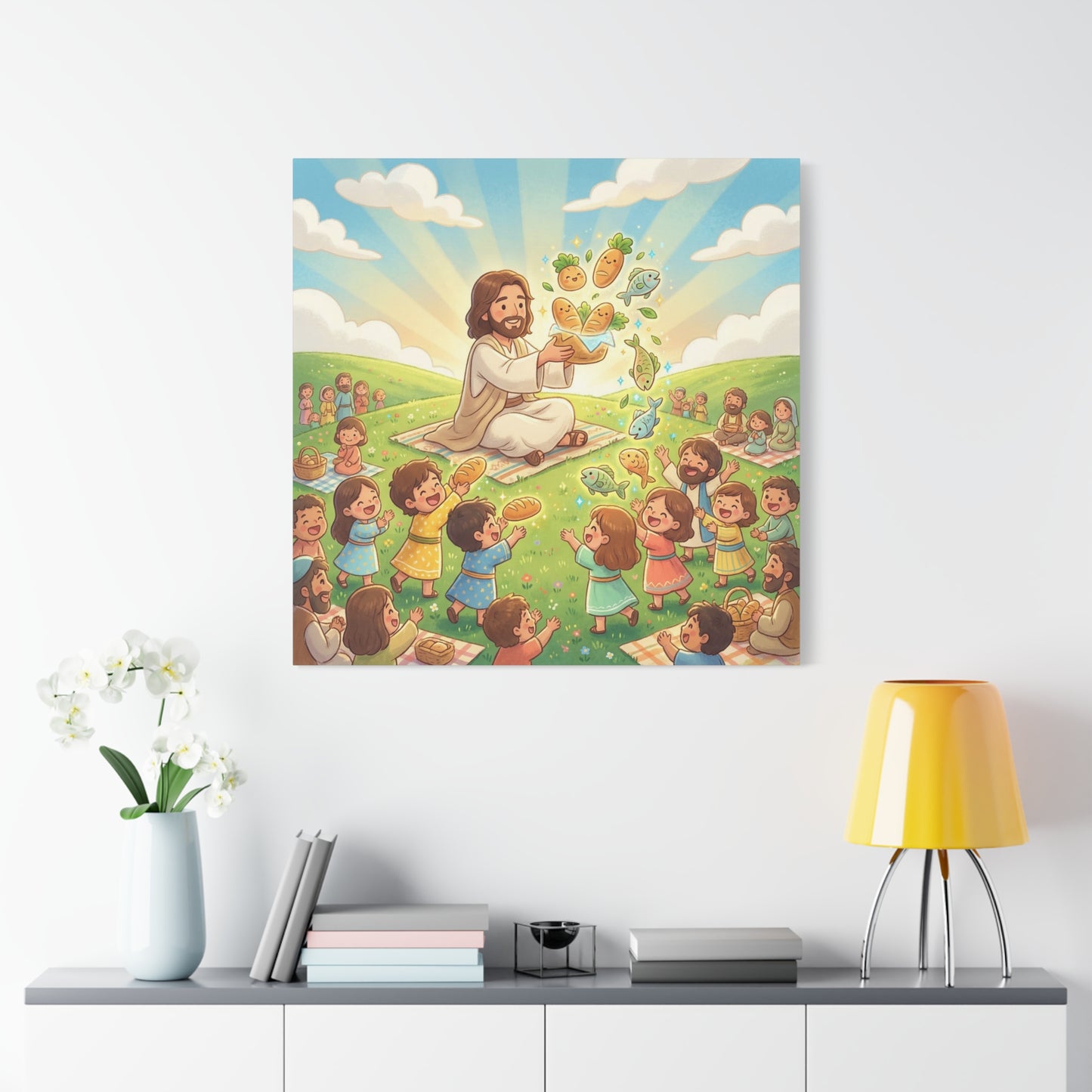 Jesus Feeding Multitude Canvas Wall Art - Loaves And Fish Bible Scene, Christian Nursery Decor - Matte Cotton Print, Kids Room Wall Decor, Sunday School Classroom - Bedroom Home Decoration