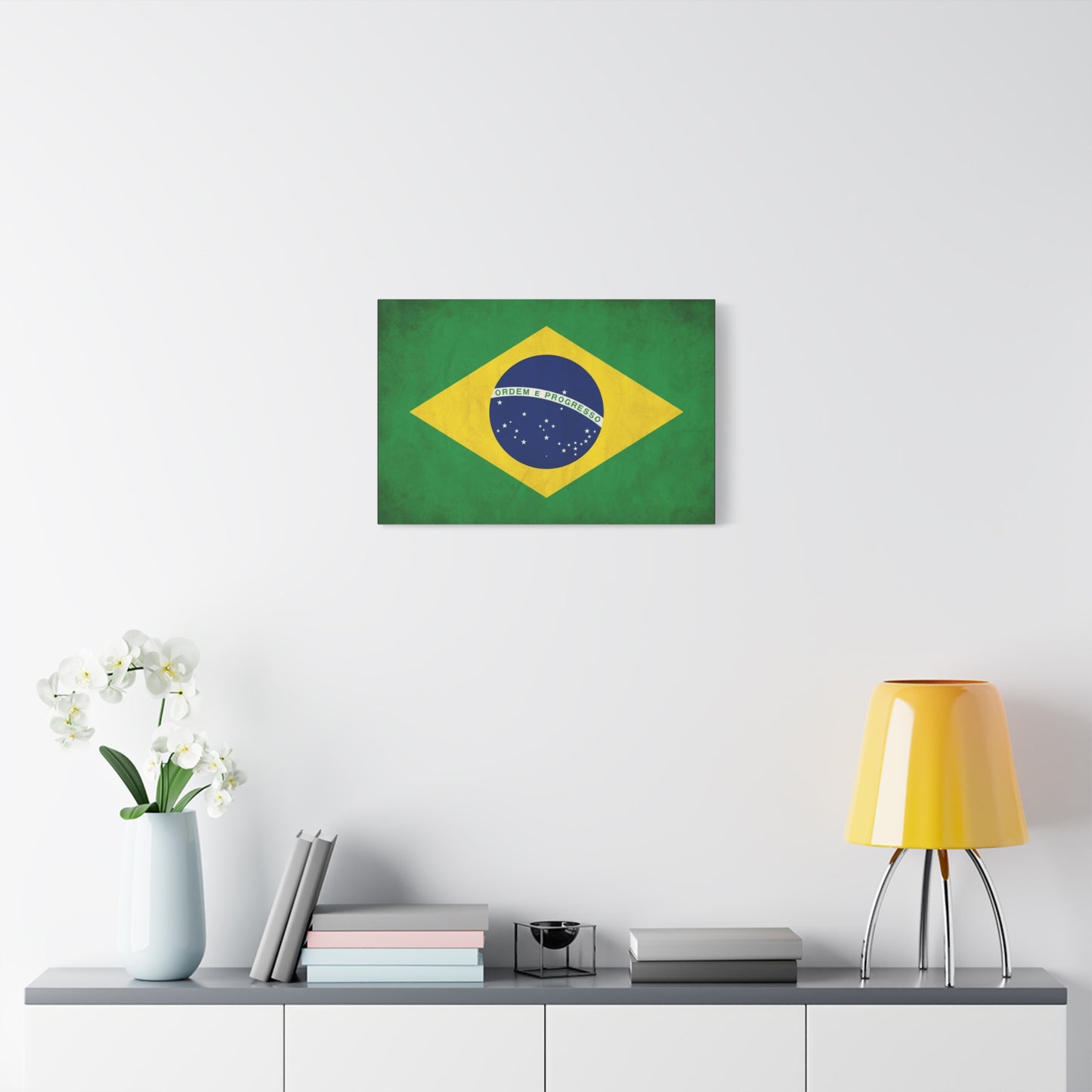 "Ordem E Progresso" Brazil Flag Canvas Wall Art - Brazilian Flag Wall Decor, Vintage National Pride Print - Green Yellow Blue Typography Style - Living Room Bedroom Office Decoration - Ready to Hang