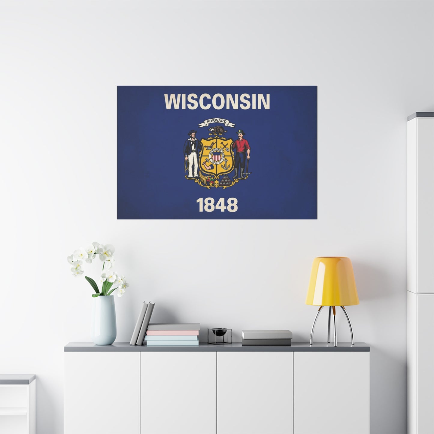 "Wisconsin" 1848 State Flag Canvas Wall Art - Wisconsin Pride Decor, Vintage Typography Banner Print - Patriotic Blue Wall Decor - Living Room Home Decoration - Ready to Hang - Bedroom Home Decoration