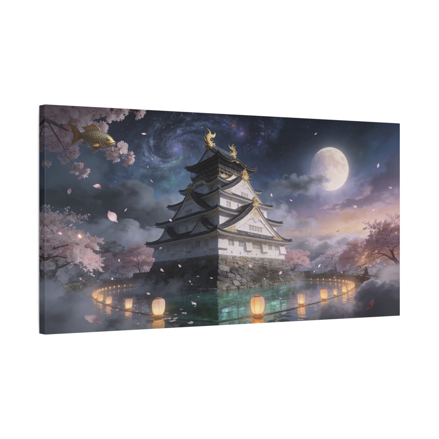 Japanese Castle Canvas Wall Art - Moonlit Cherry Blossom Pagoda, Floating Koi, Fantasy Night Sky - Matte Cotton Art Print - Contemporary Landscape Style For Living Room Wall Decor - Ready to Hang