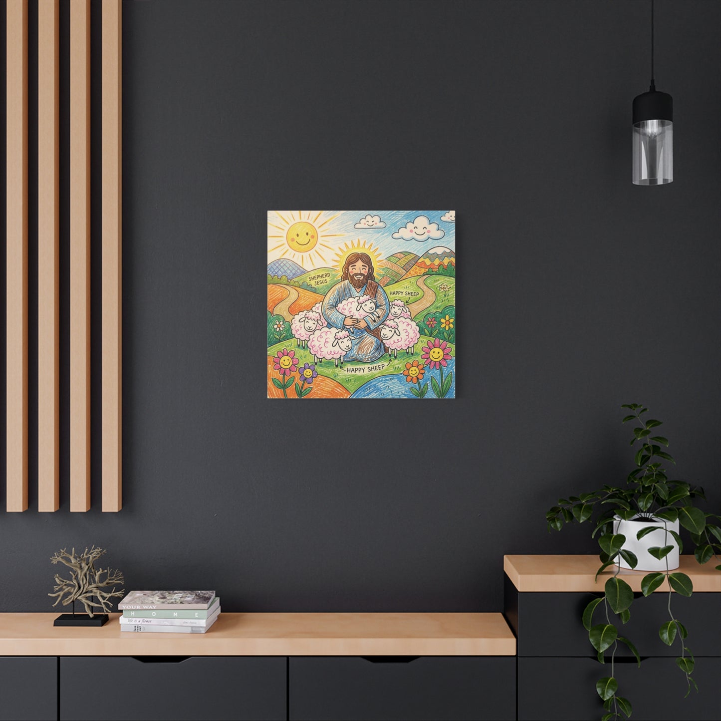 "Shepherd Jesus" "Happy Sheep" Jesus Canvas Wall Art - Christian Kids Nursery Decor, Colorful Religious Print - Matte Cotton Canvas - Playroom Bedroom Classroom Decoration - Living Room Wall Decor