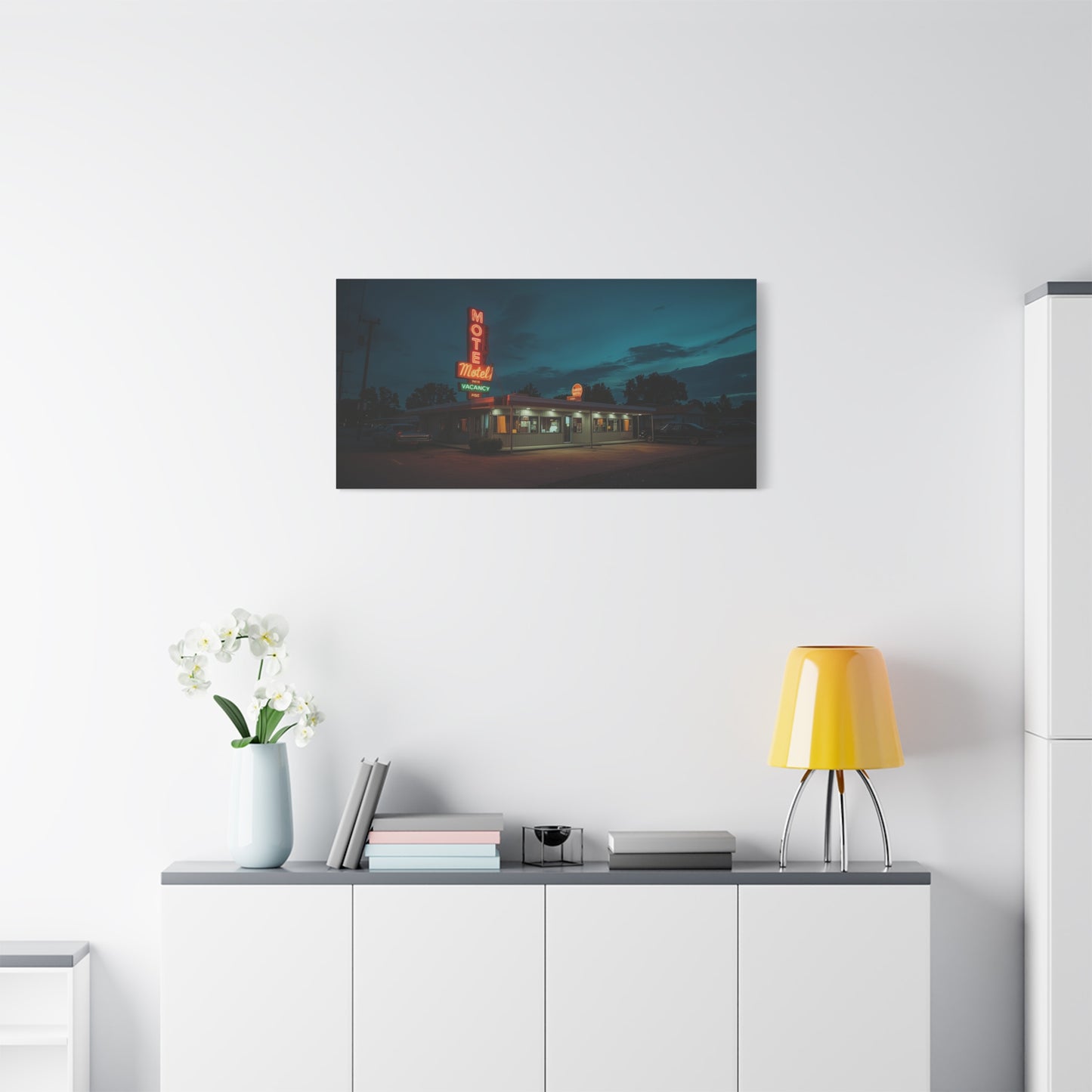 Neon Motel Canvas Wall Art - Vintage Roadside Motel Art Print, Blue Night Sky, Retro Americana Style - Living Room Wall Decor, Home Decoration, Office Art Accent - Bedroom Home Decoration