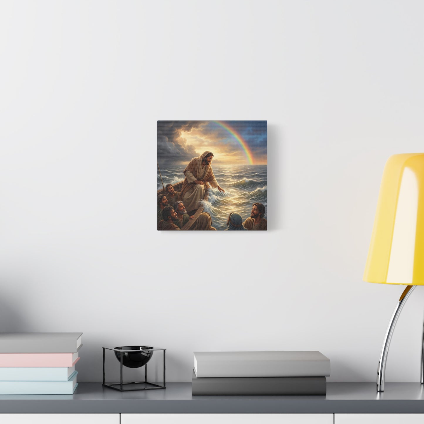Jesus Christ Walking On Water Canvas Wall Art - Rainbow Over Stormy Sea, Disciples In Boat - Matte Cotton Print - Traditional Religious Style - Living Room Wall Decor - Bedroom Home Decoration