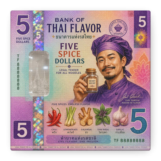 "Bank Of Thai Flavor" Thai Chef Canvas Wall Art - Five Spice Dollars Food Illustration, Colorful Typography Print, Eclectic Kitchen Decor, Cafe Wall Decor, Restaurant Wall Accent - Ready to Hang