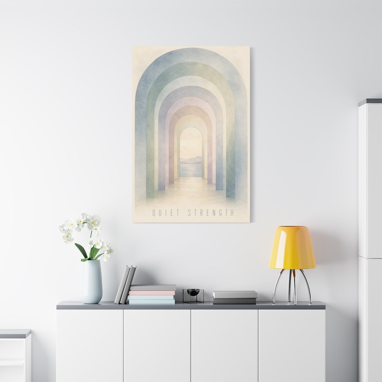 "Quiet Strength" Rainbow Arch Canvas Wall Art - Pastel Abstract Landscape Print, Minimalist Boho Home Decor - Serene Bedroom Wall Hanging, Nursery Room Decoration, Meditation Space - Ready to Hang