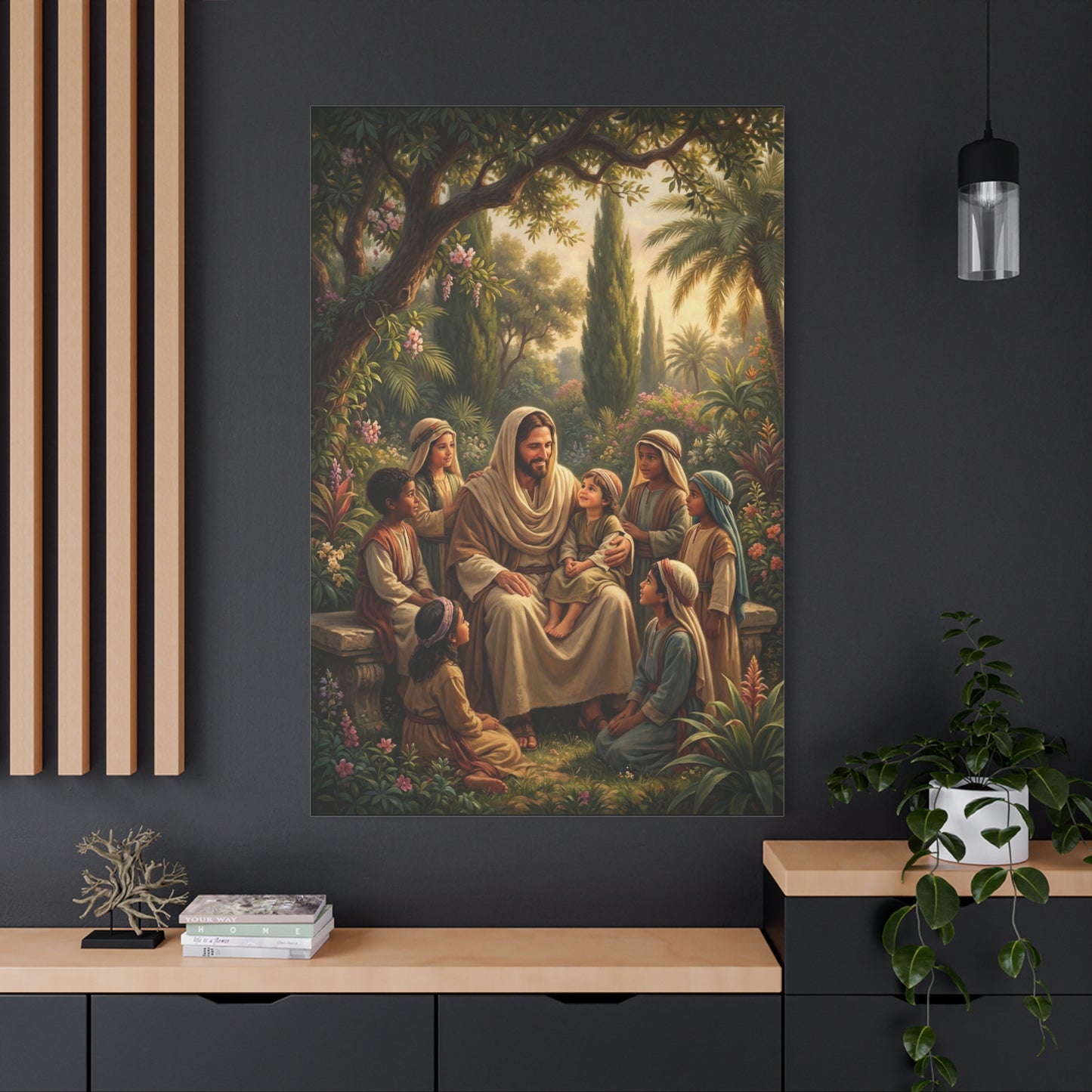 Jesus Christ With Children Canvas Wall Art - Biblical Garden Scene, Christian Home Decor - Traditional Religious Print, Living Room Wall Decor, Bedroom Home Decoration - Modern Farmhouse Style