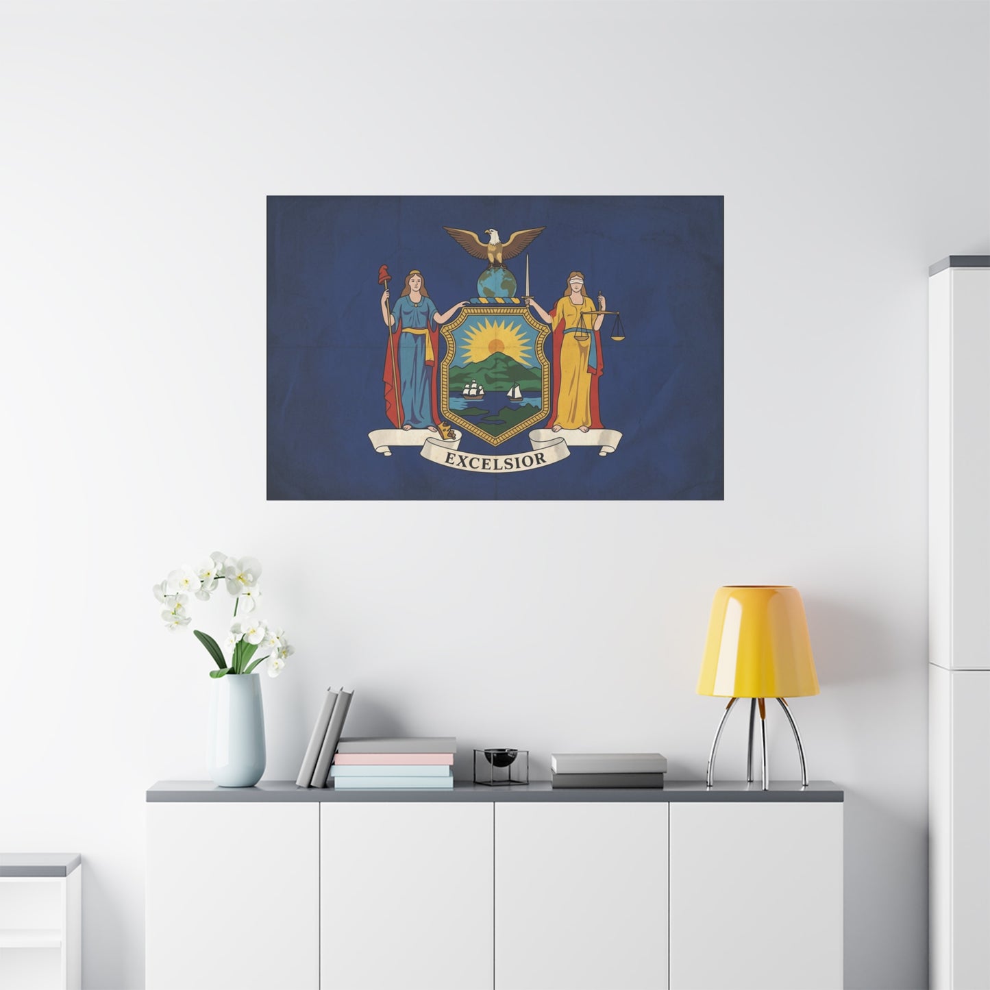 "Excelsior" New York State Flag Canvas Wall Art - Empire State Banner Print, Vintage Blue Heraldic Decor - Patriotic Illustration Style - Living Room Wall Decor, Office Art - Bedroom Home Decoration