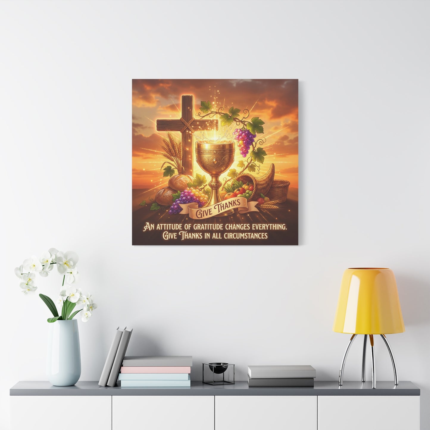 "Give Thanks" Christian Canvas Wall Art - Cross, Communion Chalice, Grapes, Bread - Gratitude Scripture Decor, Matte Cotton Print - Ready to Hang