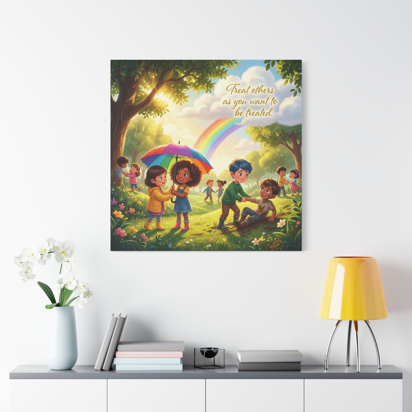 "Treat Others As You Want To Be Treated" Kids Canvas Wall Art - Rainbow Kindness Quote, Children Helping In Sunny Park - Matte Cotton Print - Playroom Classroom Decor, Nursery Wall Hanging