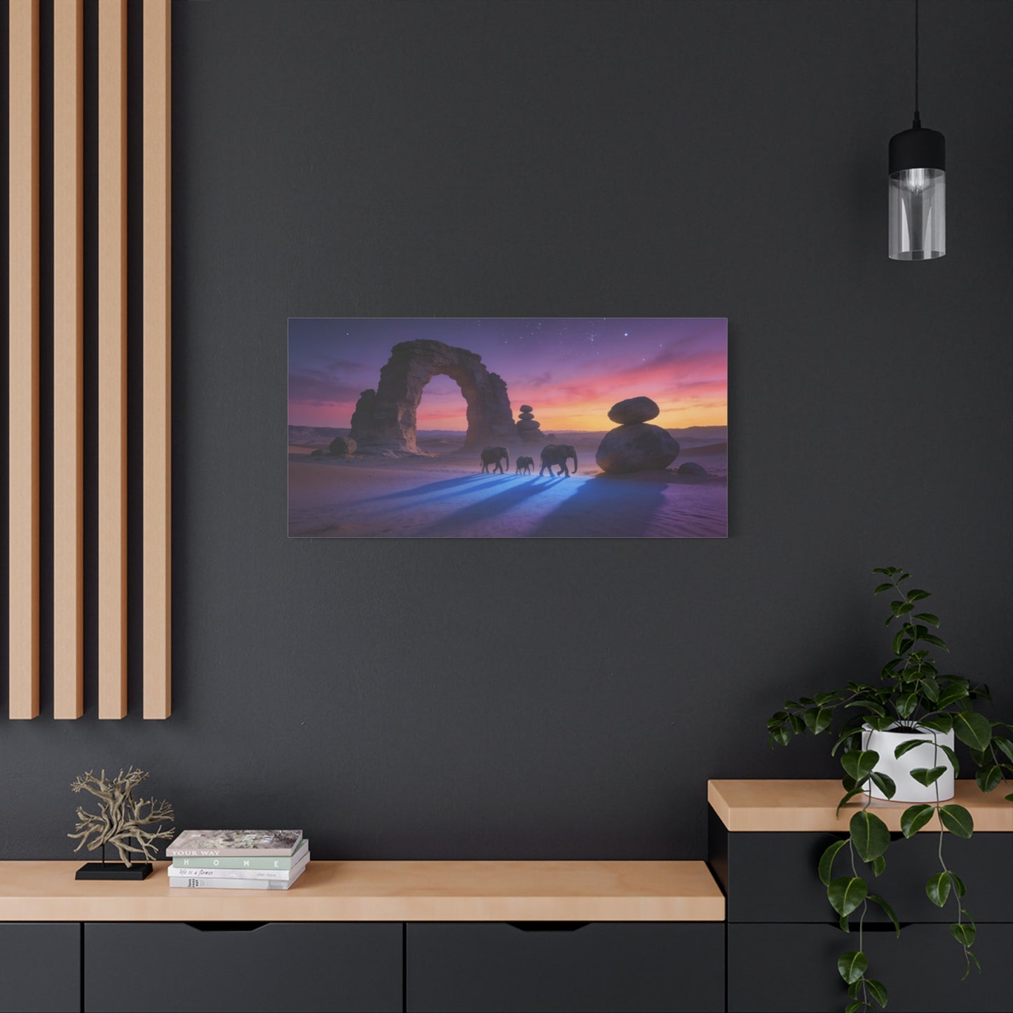 Desert Elephant Canvas Wall Art - Rock Arch Sunset Landscape, Surreal Starry Sky - Matte Cotton Art Print - Contemporary Style, Living Room Wall Decor, Bedroom Home Decoration - Modern Farmhouse Style