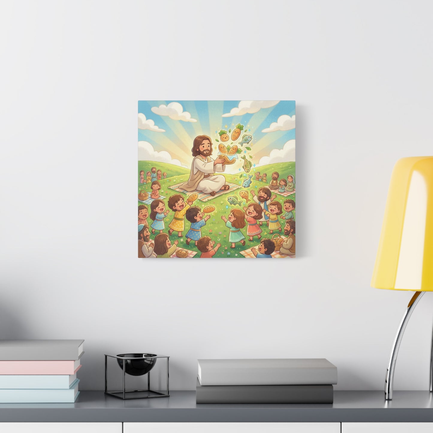 Jesus Feeding Multitude Canvas Wall Art - Loaves And Fish Bible Scene, Christian Nursery Decor - Matte Cotton Print, Kids Room Wall Decor, Sunday School Classroom - Bedroom Home Decoration