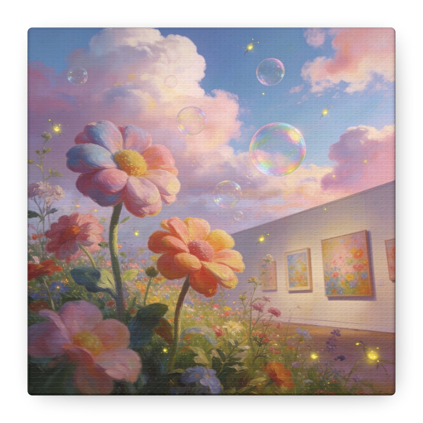Dreamy Floral Canvas Wall Art - Pastel Wildflower Sky With Iridescent Bubbles, Firefly Glow - Whimsical Matte Canvas Print - Contemporary Bedroom Wall Decor, Living Room Accent - Cozy Reading Nook Art