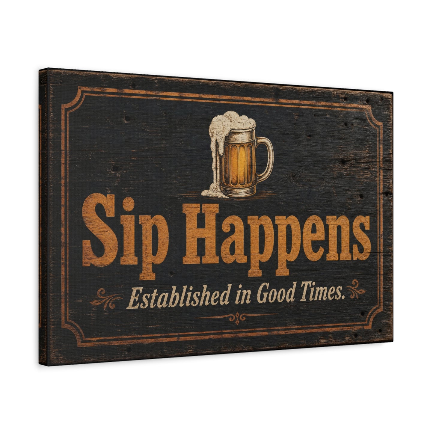 "Sip Happens" Beer Mug Canvas Wall Art - Rustic Vintage Pub Sign, Established In Good Times - Farmhouse Bar Decor - Ready to Hang - Ready to Hang - Pub Wall Art - Cocktail Lounge Decor
