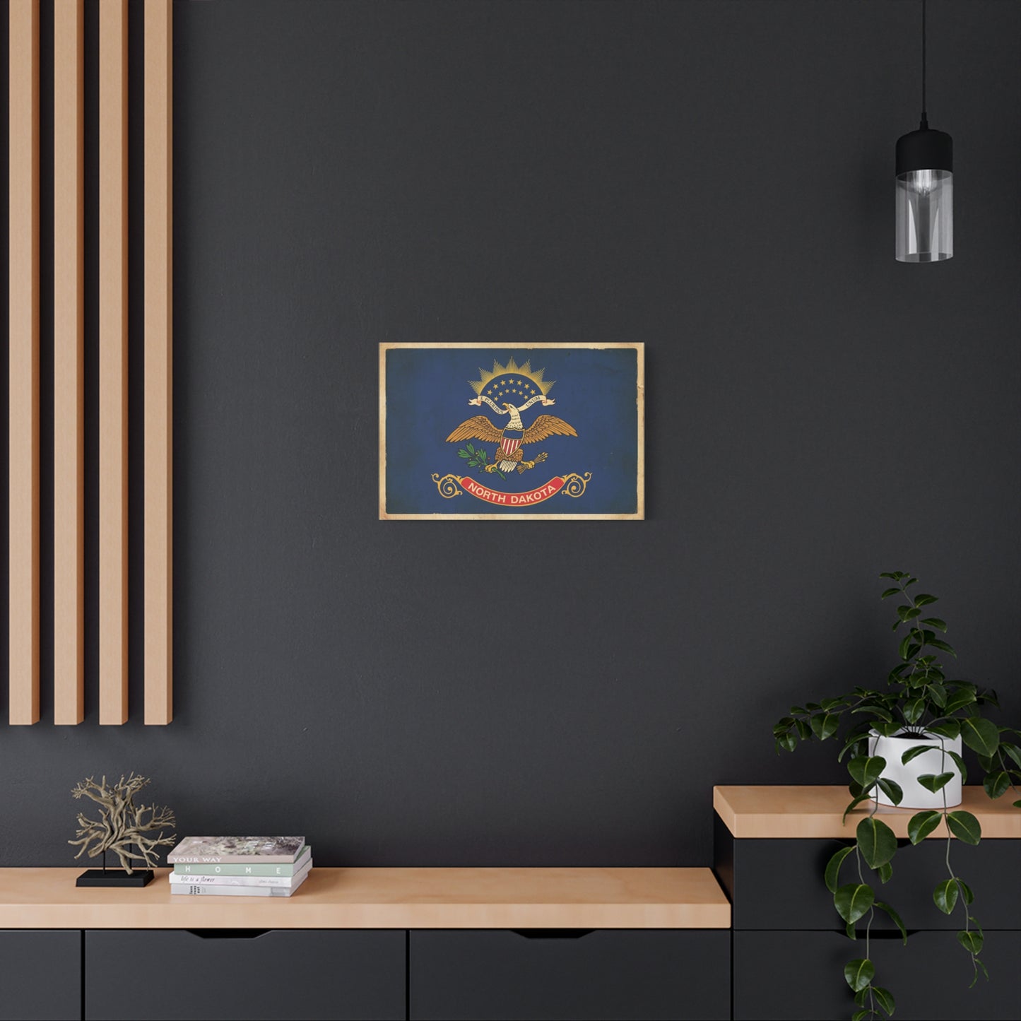North Dakota Flag Canvas Wall Art - E Pluribus Unum Vintage State Banner Print - Patriotic Blue Eagle Emblem Decor - Rustic Americana Style - Ready to Hang - Living Room Wall Decor - Ready to Hang