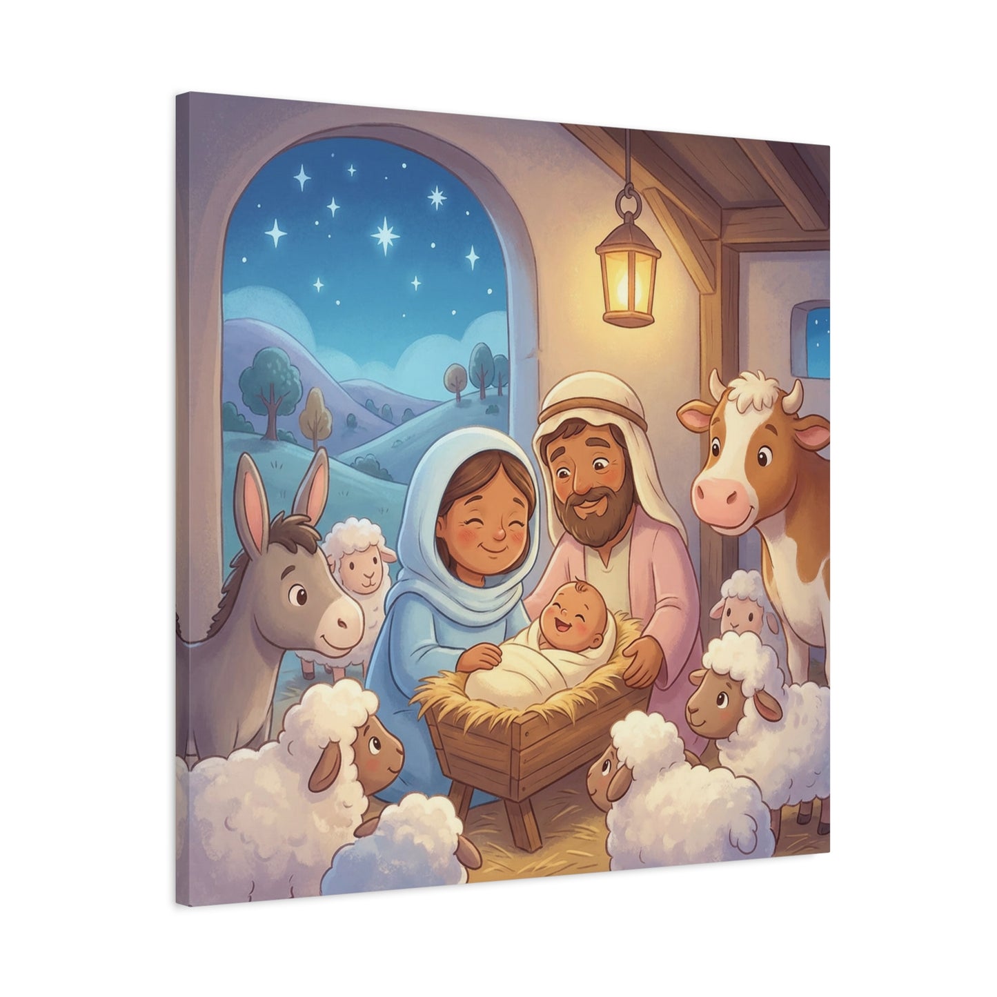 Holy Family Nativity Canvas Wall Art - Baby Jesus, Mary And Joseph Nursery Decor - Starry Stable Christian Home Decoration - Matte Canvas Print For Bedroom, Living Room - Ready to Hang - Ready to Hang