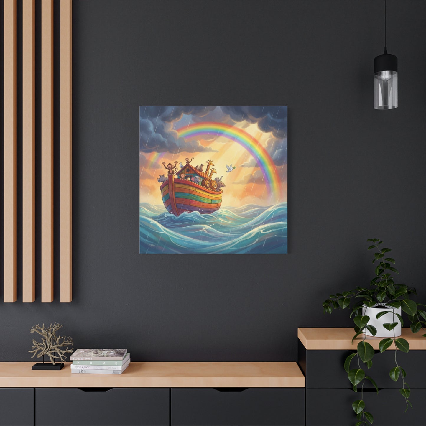 Noahs Ark Canvas Wall Art - Rainbow Animal Boat Nursery Decor - Cotton Canvas Print, Kids Bedroom Home Decoration, Playroom Wall Hanging, Biblical Story Illustration, Classroom Accent - Ready to Hang