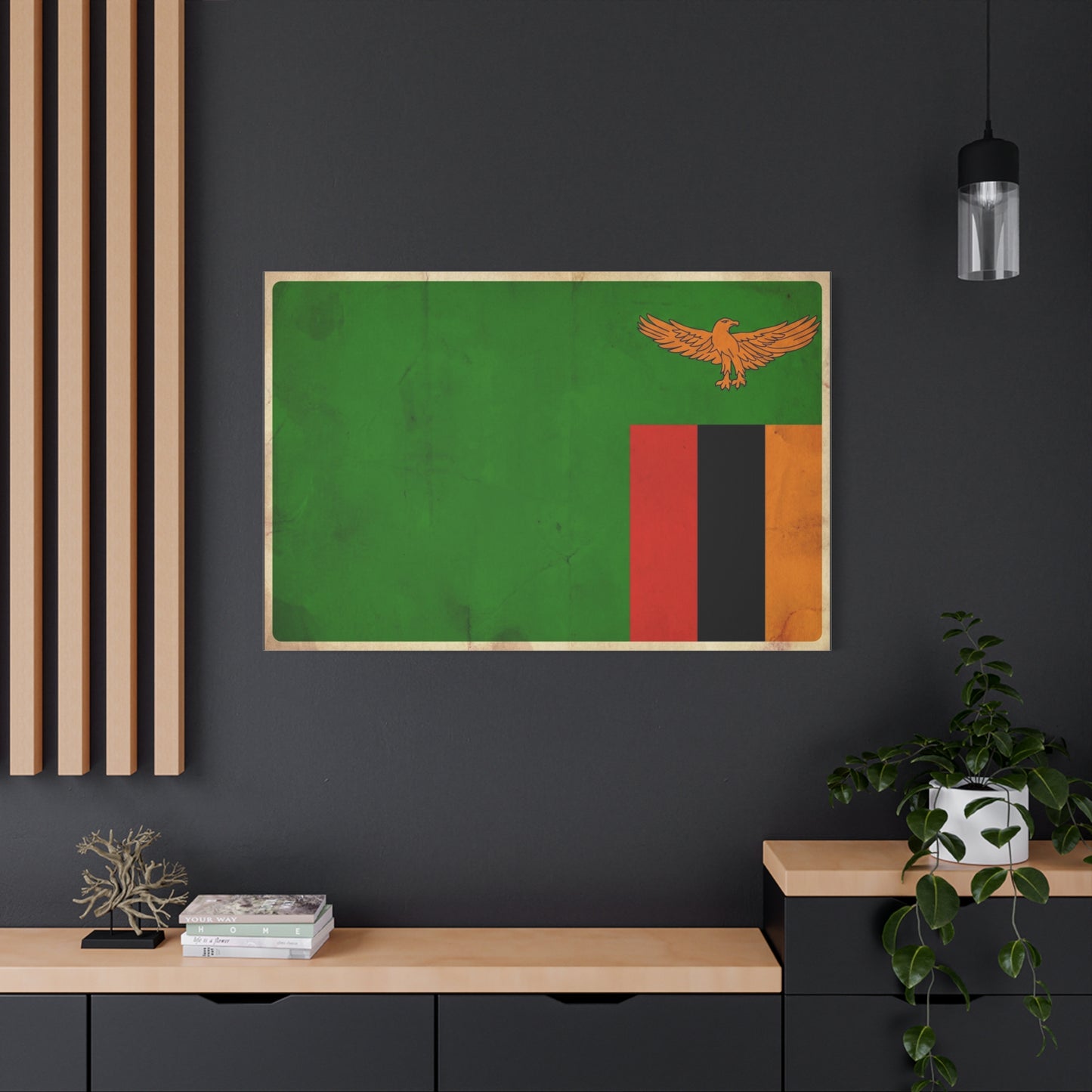 Zambia Flag Canvas Wall Art - Green Field, Orange Eagle, Red Black Gold Stripes - Vintage Patriotic Print - Living Room Wall Decor, Office Art - Bedroom Home Decoration - Bedroom Home Decoration