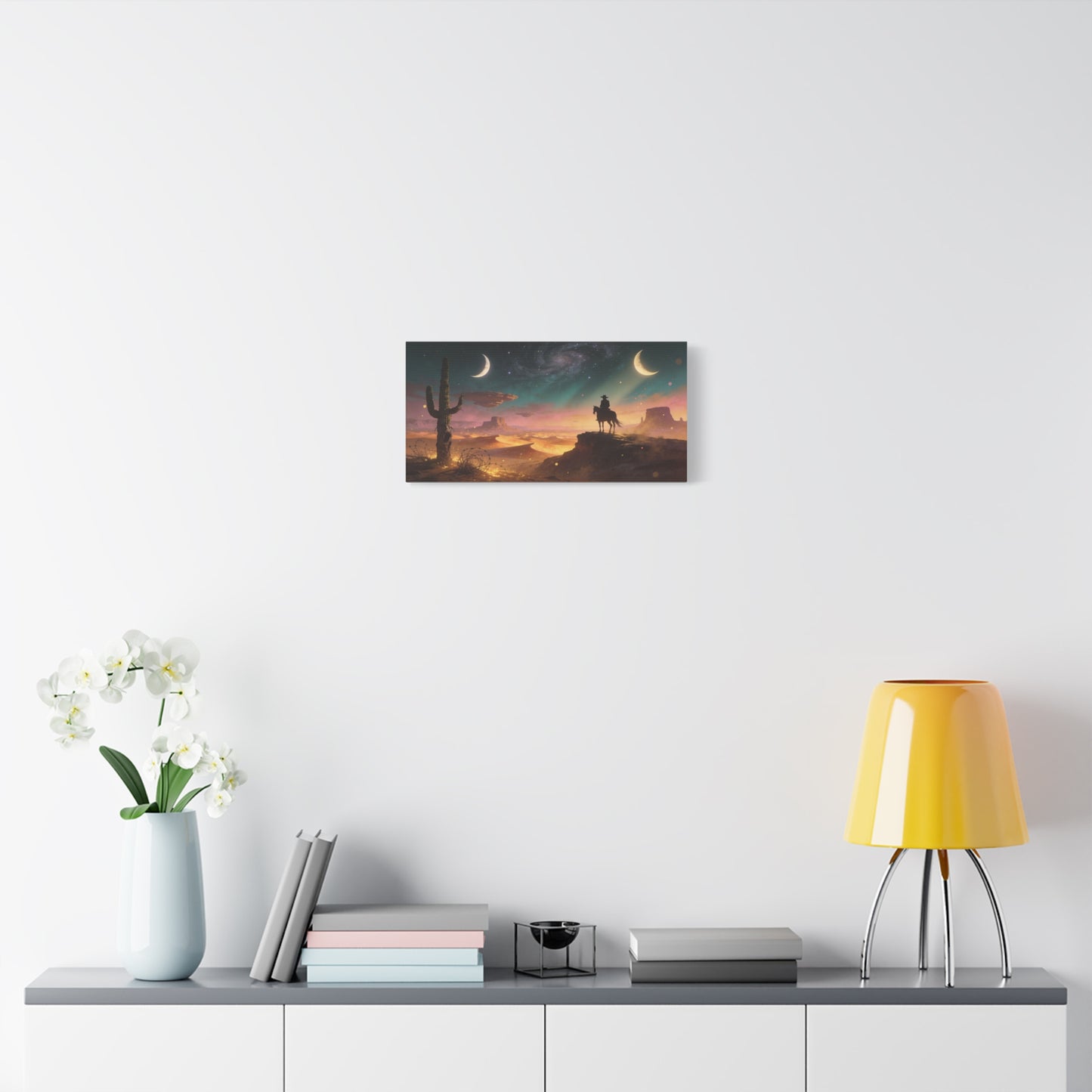 Surreal Desert Cowboy Canvas Wall Art - Crescent Moons, Galaxy Sky, Saguaro Silhouette - Matte Cotton Art Print - Contemporary Western Style, Living Room Wall Decor, Office Accent - Ready to Hang