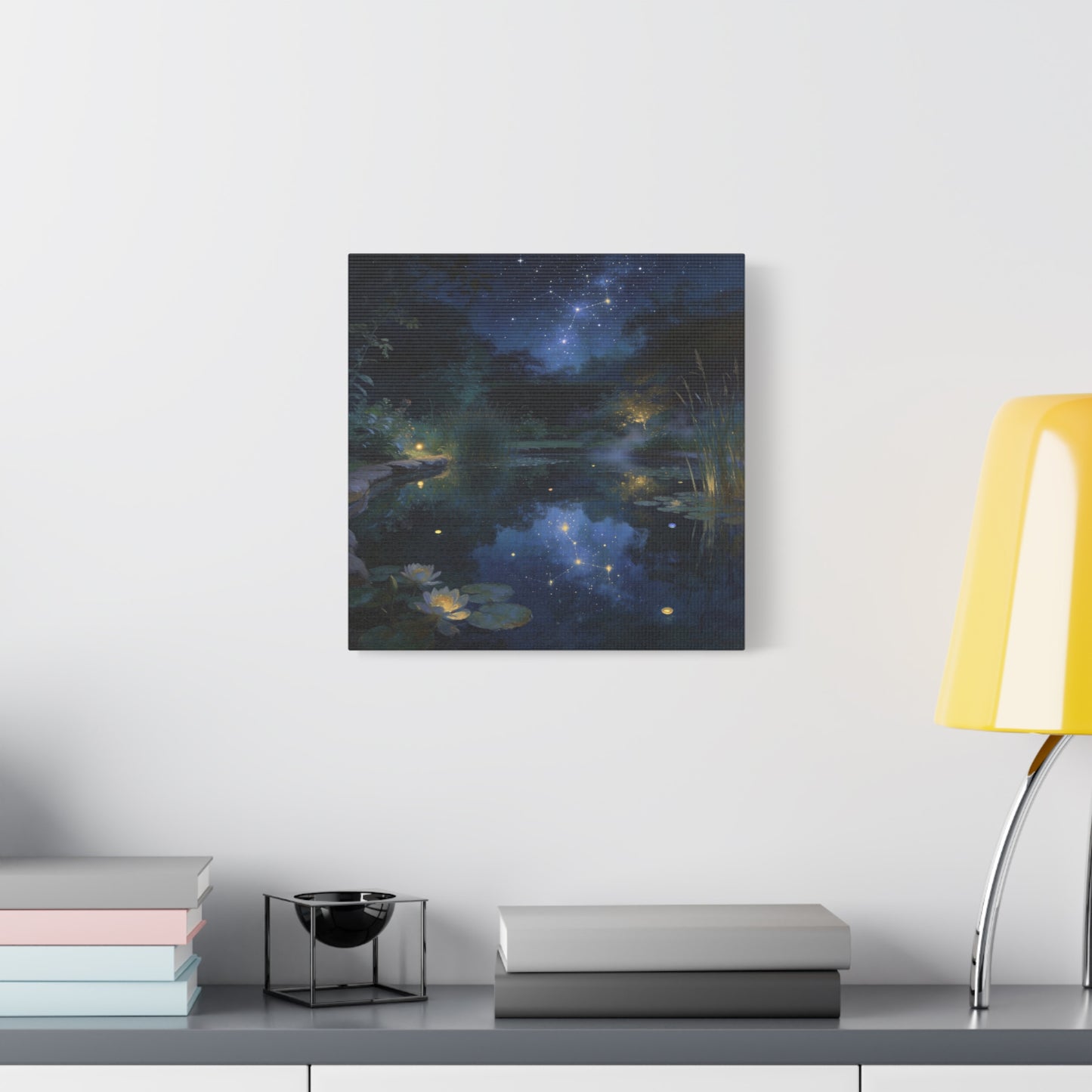 Starry Night Pond Canvas Wall Art - Moonlit Water Lilies, Celestial Reflection Landscape - Dreamy Matte Canvas Print - Traditional Nightscape Style - Living Room Wall Decor Bedroom Home Accent
