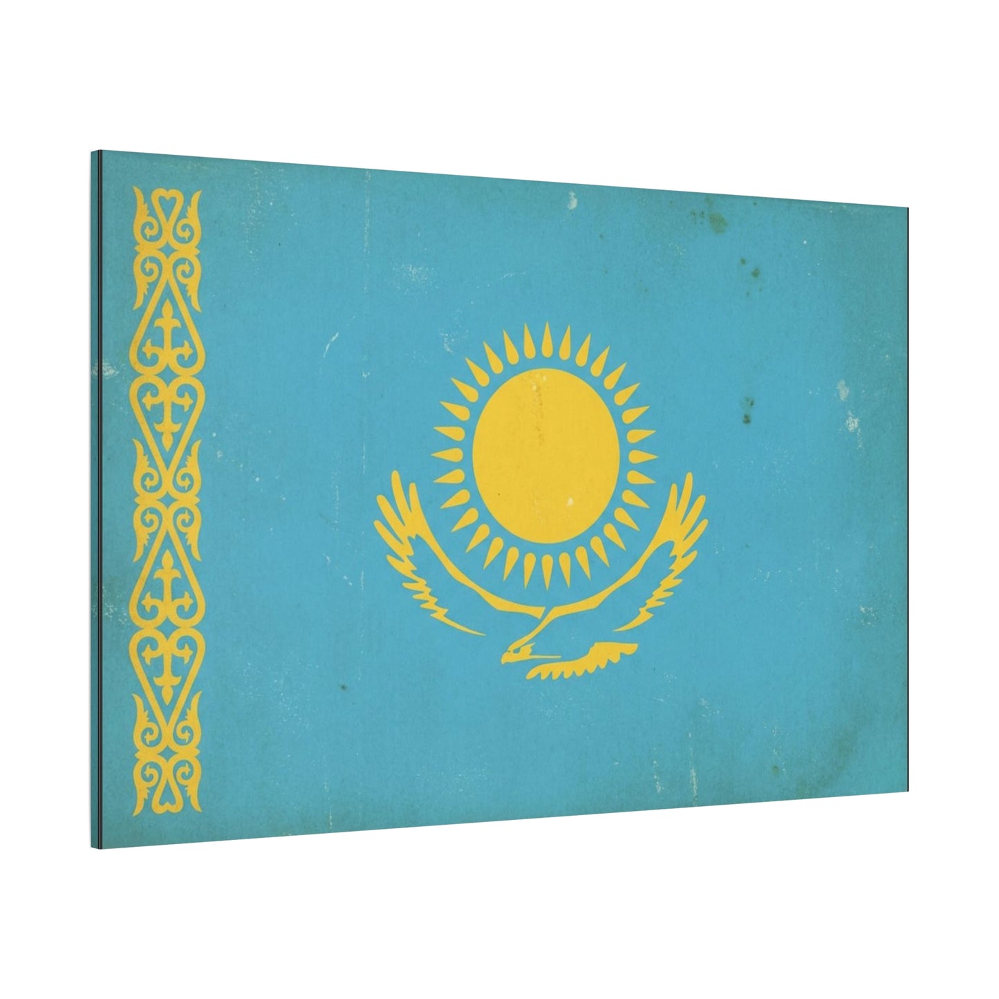 Kazakhstan Flag Canvas Wall Art - Blue And Gold Sun Eagle Emblem, Vintage Nation Print - Matte Cotton Artwork, Patriotic Living Room Wall Decor, Office Art Accent Style - Bedroom Home Decoration