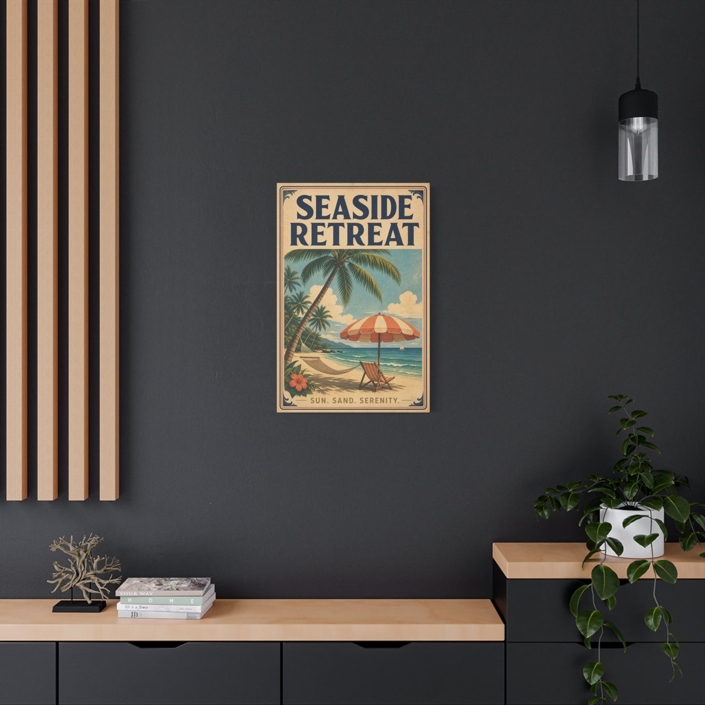 "Seaside Retreat" Tropical Beach Canvas Wall Art - Vintage Coastal Palm Tree Hammock Poster Print, Sun Sand Serenity Typography, Retro Ocean Decor For Bedroom Living Room - Living Room Wall Decor